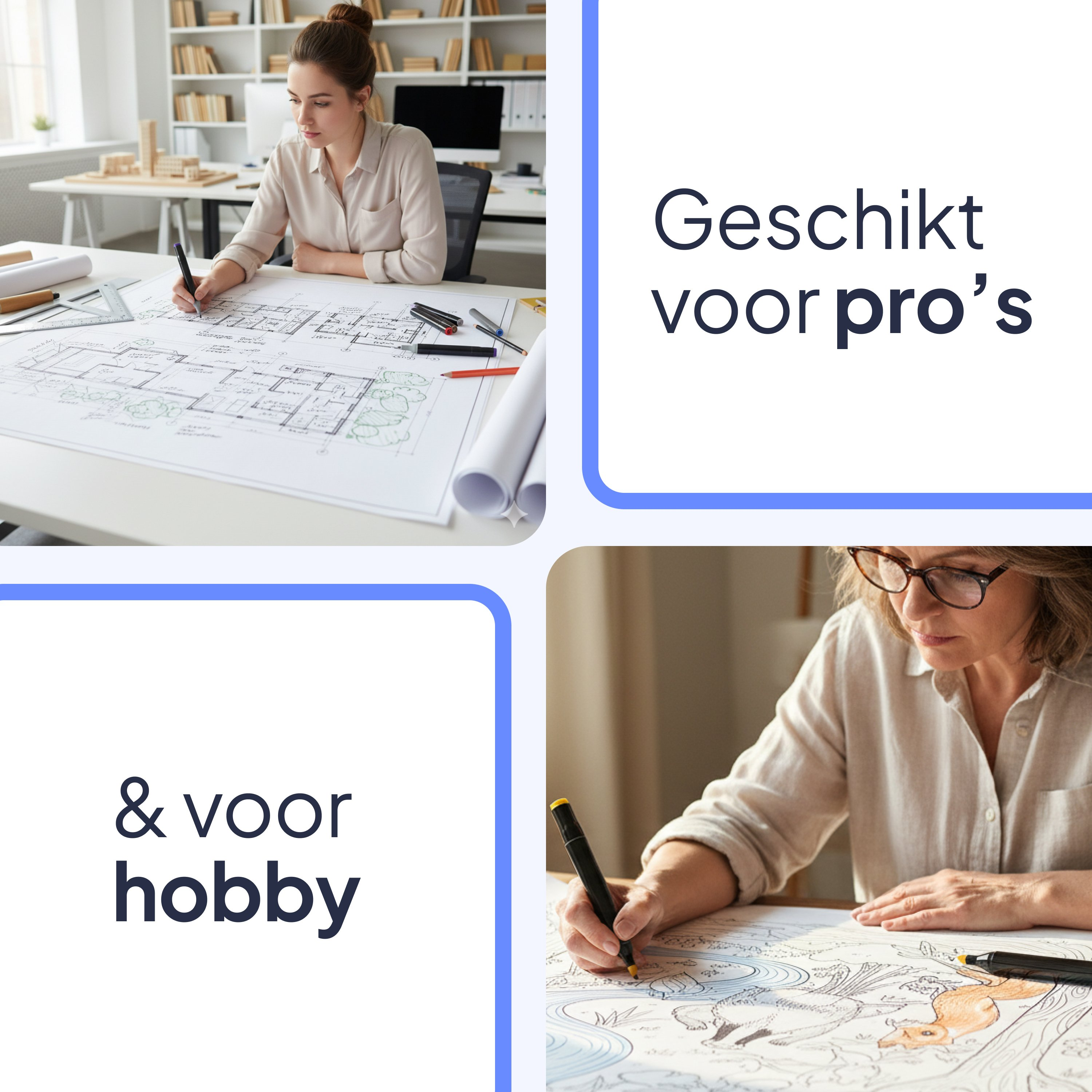 Two women draw on paper with pens. One is working on blueprints, the other on a coloring book.