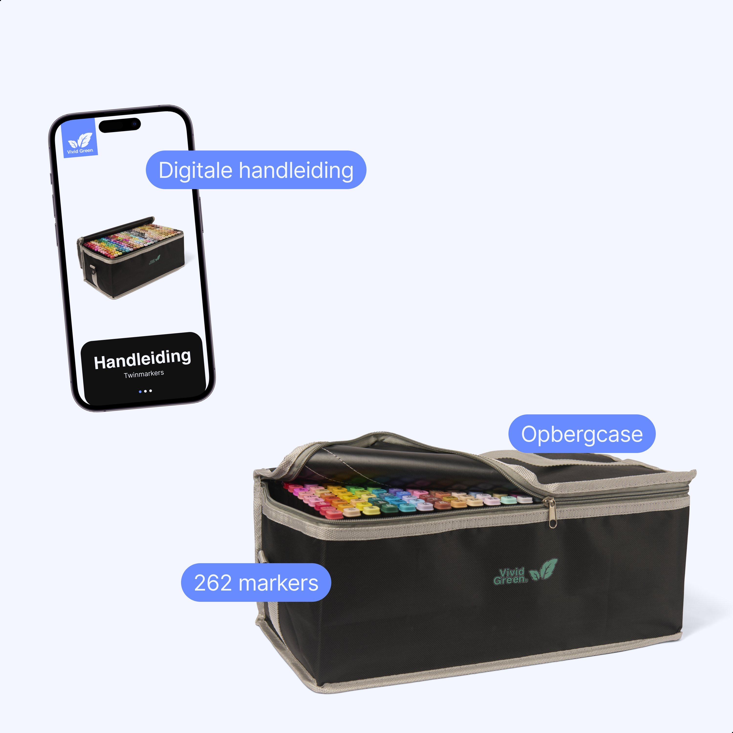 Image shows a black case with markers, a phone with a marker case image and the text 'Digitale handleiding'.