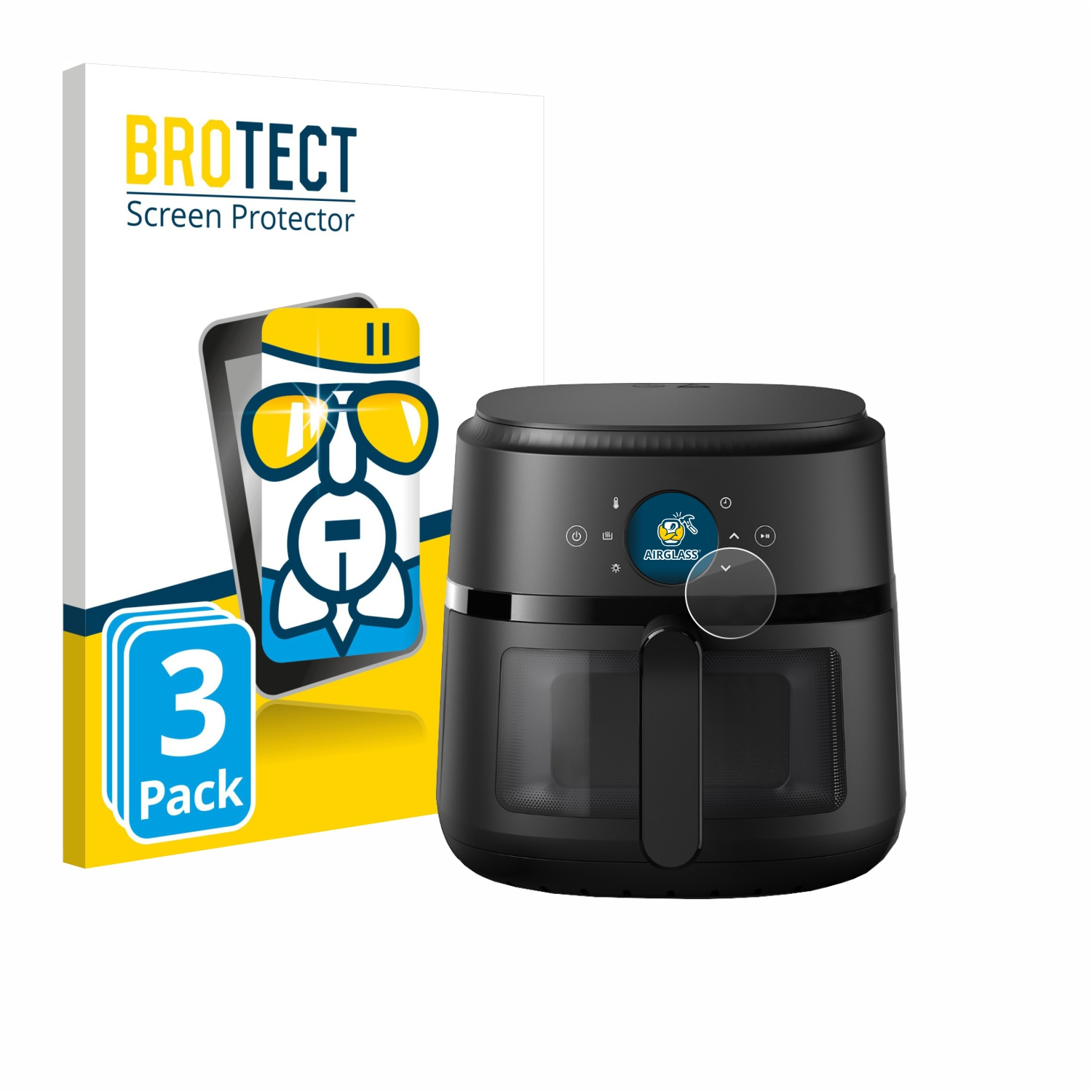 Ein schwarzer Airfryer steht neben einer Displayschutzfolienbox. Die Box hat eine Cartoon eines Telefons mit Brille.
