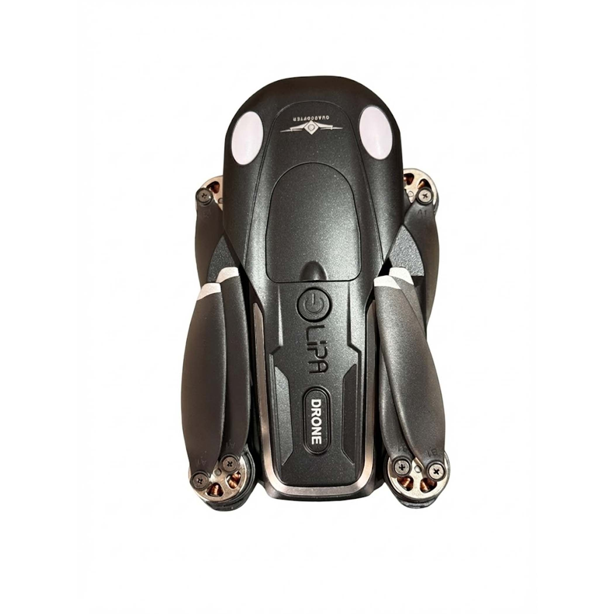 Czarny dron ze śmigłami, białymi światłami i przyciskiem zasilania. Widoczny napis 'drone'.