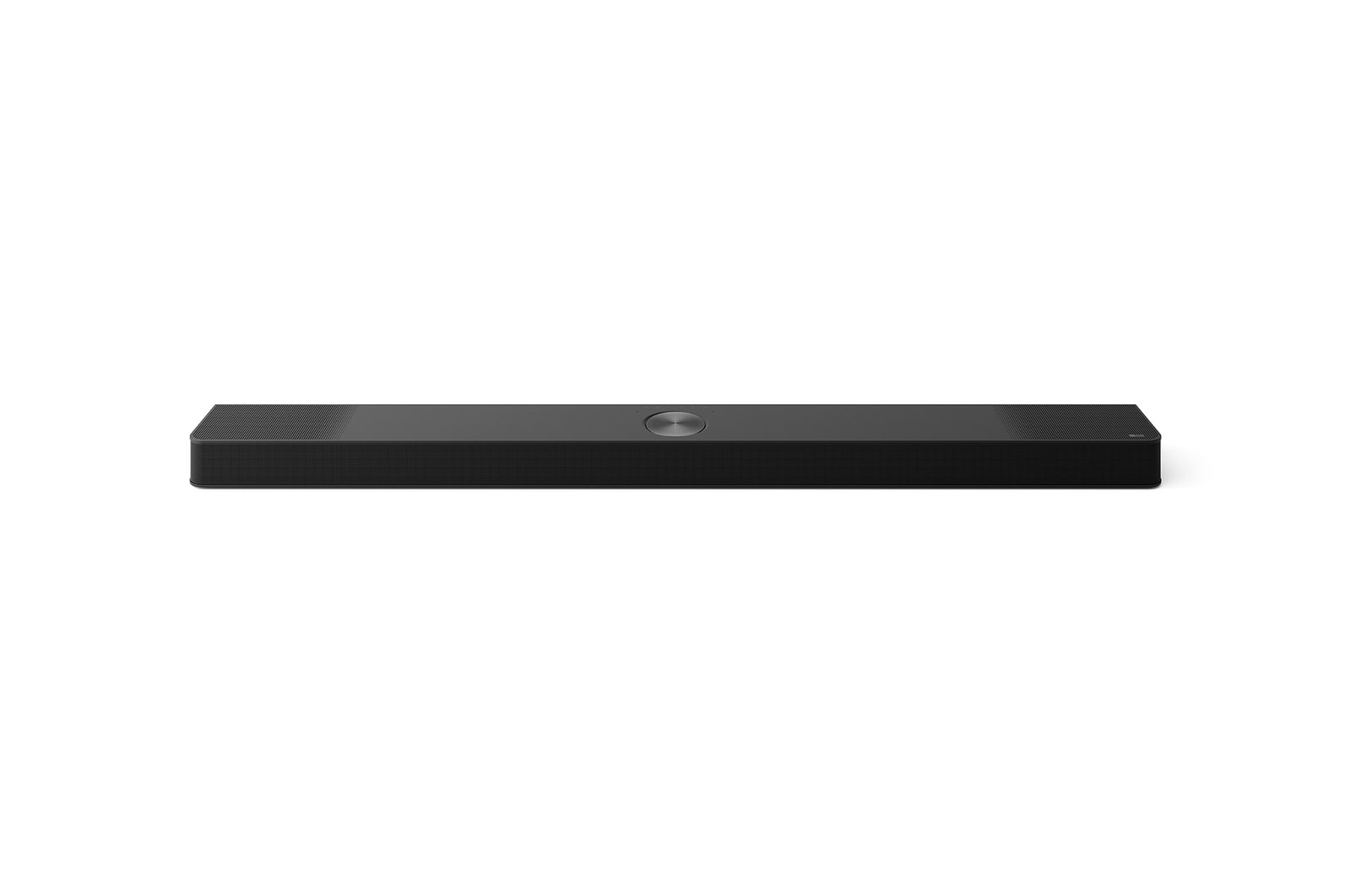 Elegancki, czarny soundbar na białym tle. Posiada metalowy środek i siatkowy design głośnika.