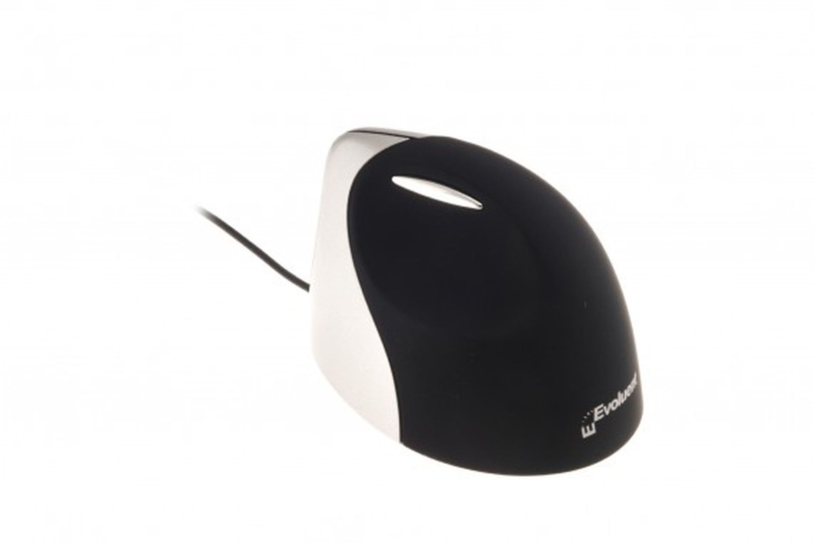 A vertical ergonomic computer mouse. It is black and silver, with a cord attached. The background is white.