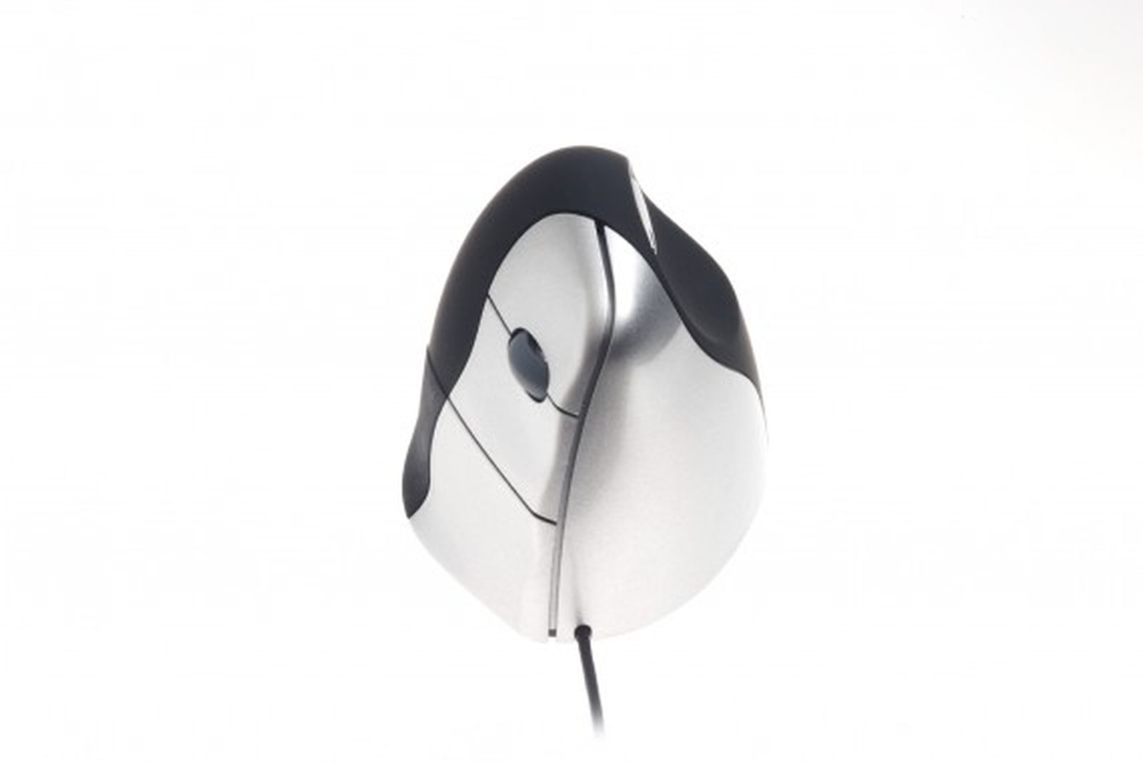 A vertical ergonomic computer mouse. It is silver and black, with a cable. The background is white.