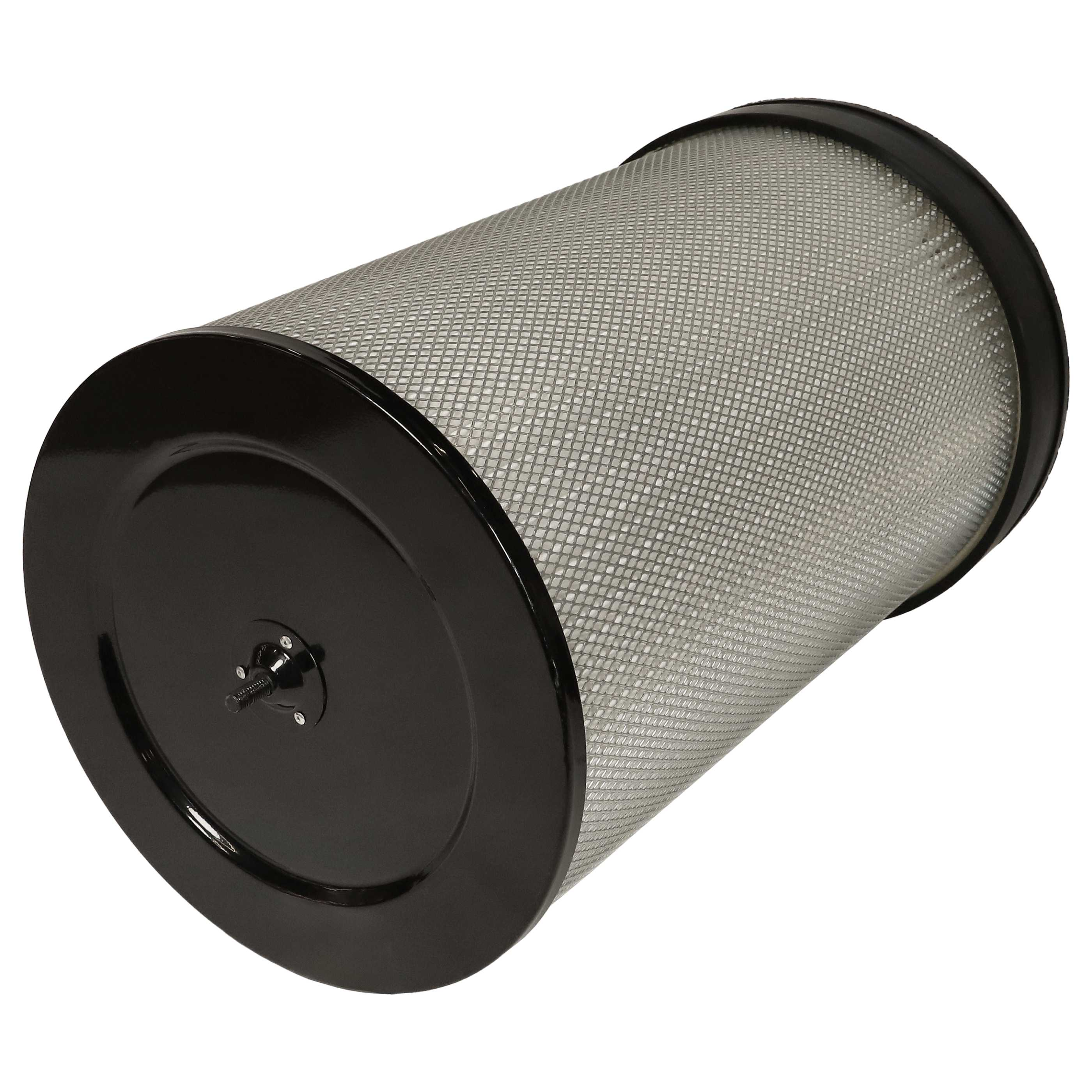 Ein Luftfilter, zylindrisch mit schwarzen Enden und einem silbernen Netzgehäuse. Der Filter liegt auf weißem Grund.