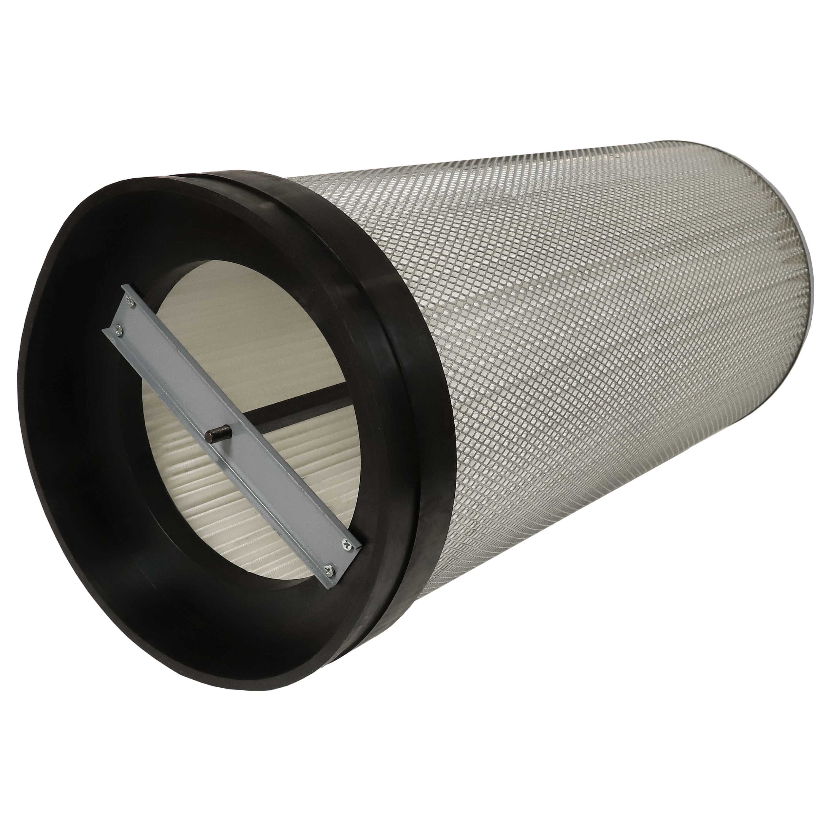 Ein zylindrischer Luftfilter mit schwarzen Enden, einem Metallgitterkörper und einer Metallhalterung.