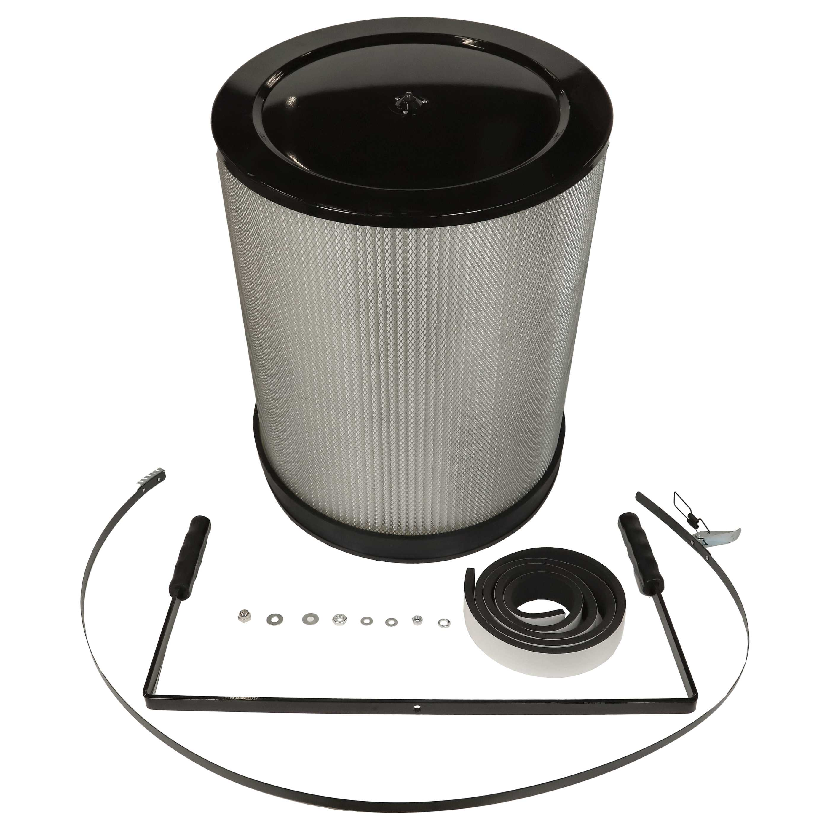 Ein Luftfilter mit schwarzer Ober- und Unterseite, umgeben von Metallbändern, Griffen und Hardware auf weißem Hintergrund.