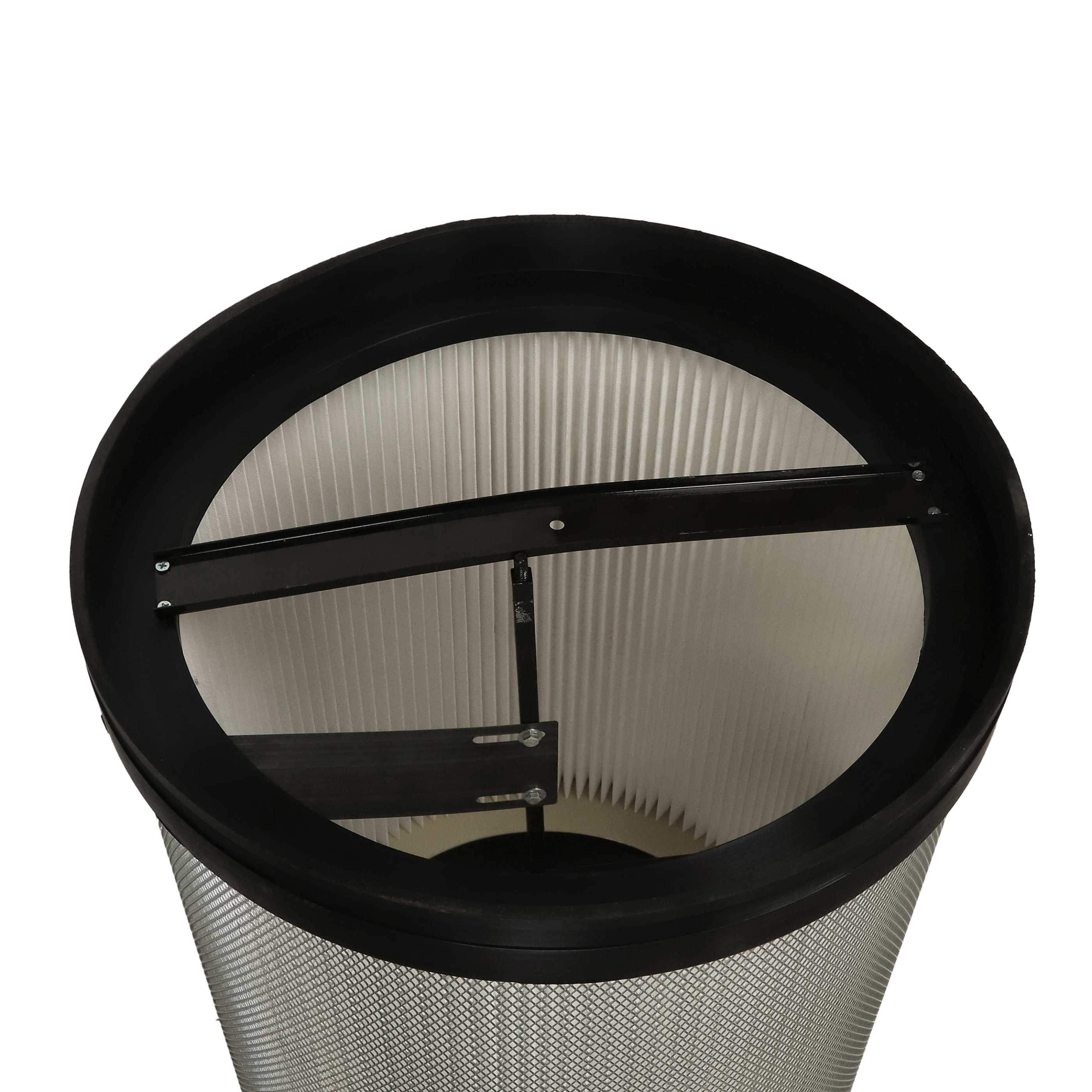 Ein zylindrischer Luftfilter. Er hat einen schwarzen Rand und einen weißen, plissierten Filter im Inneren.