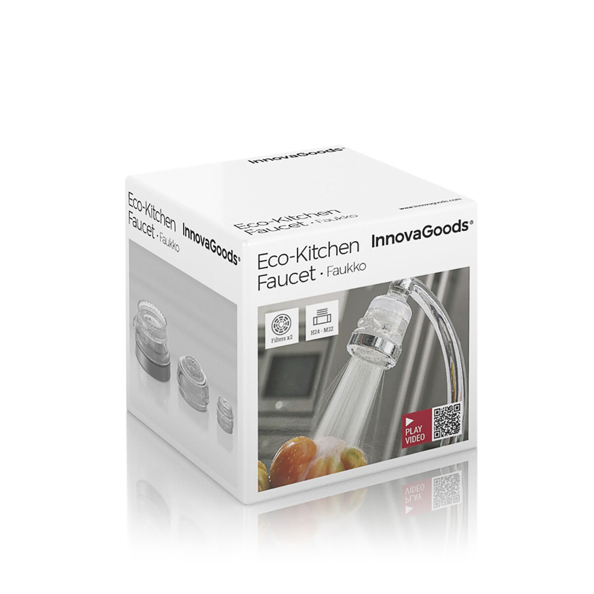 Verpackte Eco-Kitchen InnovaGoods Armatur. Die Box zeigt eine Armatur mit Wassersprühstrahl und Produktdetails.