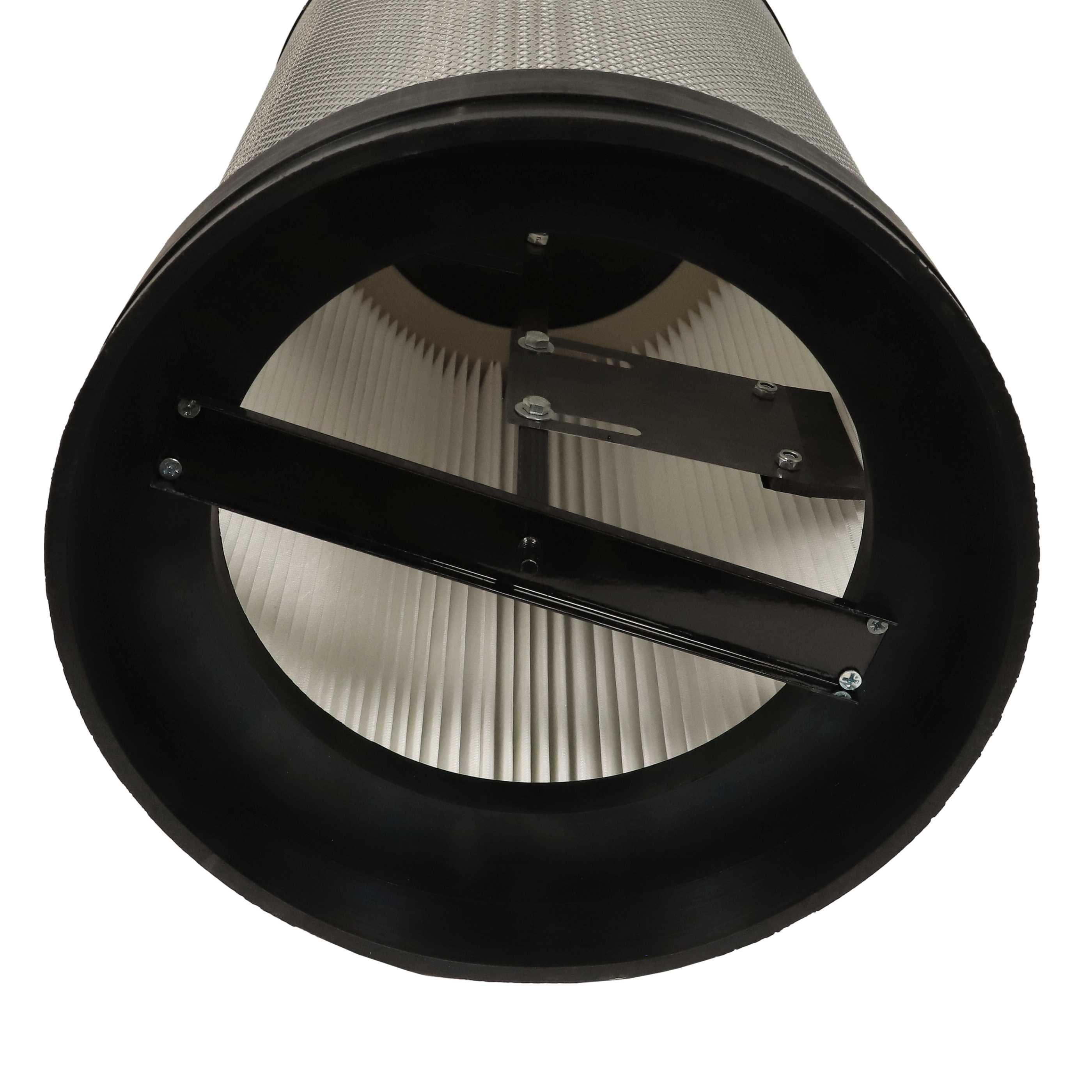 Ein Luftfilter mit schwarzem Rahmen, Metallgitter oben und weißem Faltenfilter. Zwei schwarze Metallstangen innen.