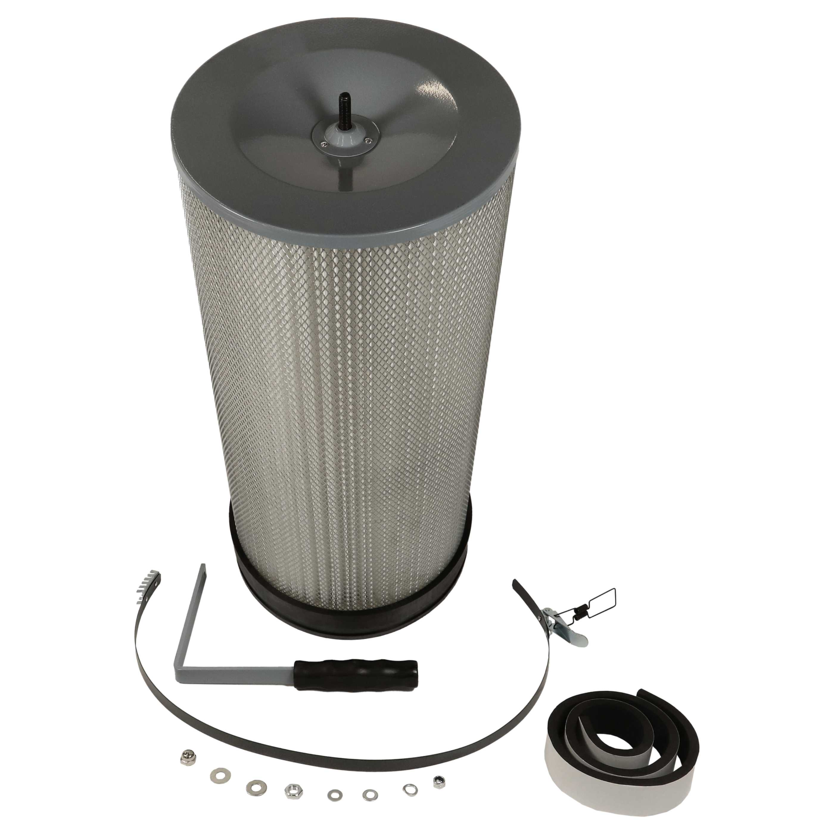 Ein Luftfilter mit Komponenten. Der Filter ist zylindrisch und grau, mit schwarzem Boden und Deckel. Zusätzliche Teile sind enthalten.