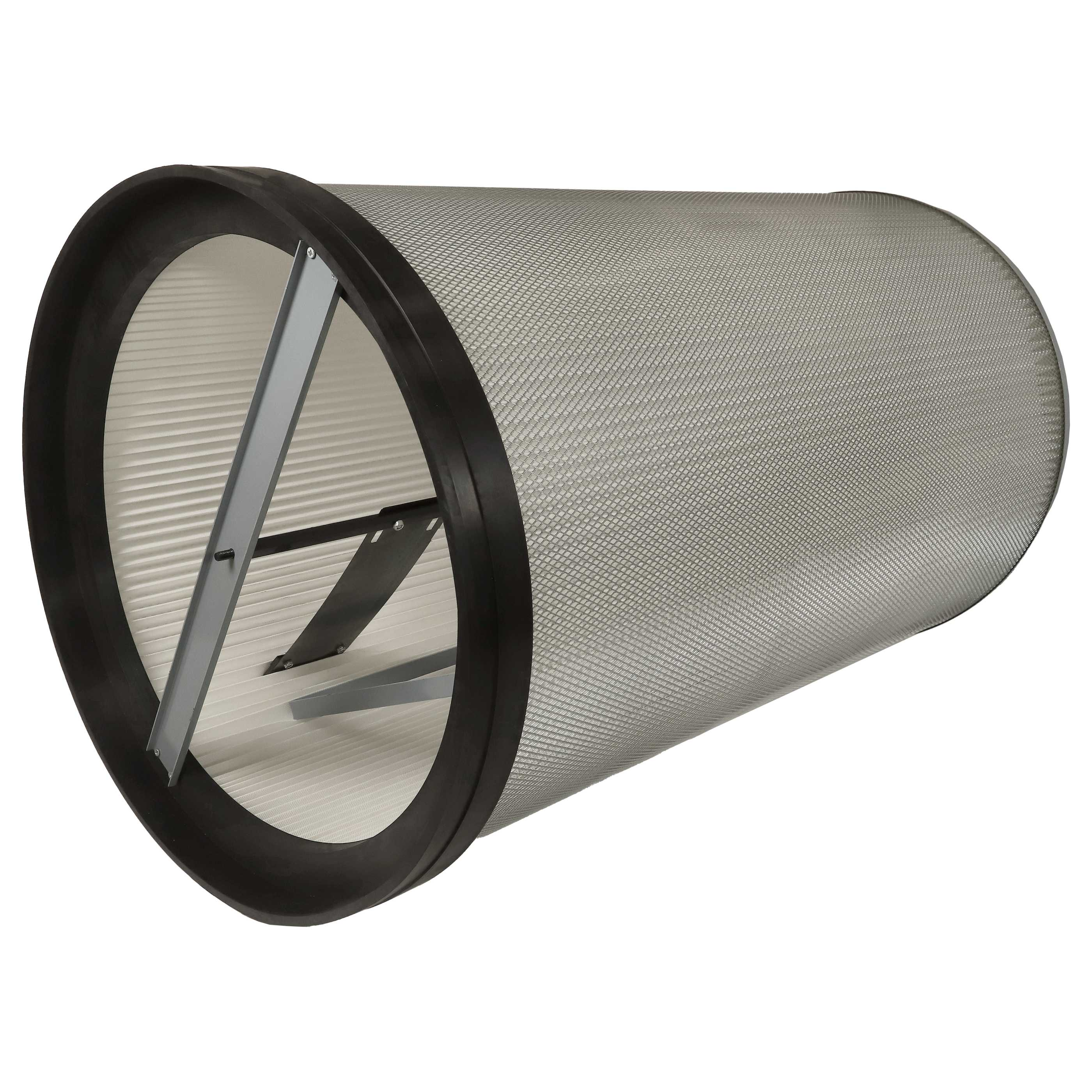 Zylindrischer Luftfilter. Graues Netzgehäuse, schwarzer Rand, weißer Innenraum mit Metallstütze. Isoliert auf Weiß.