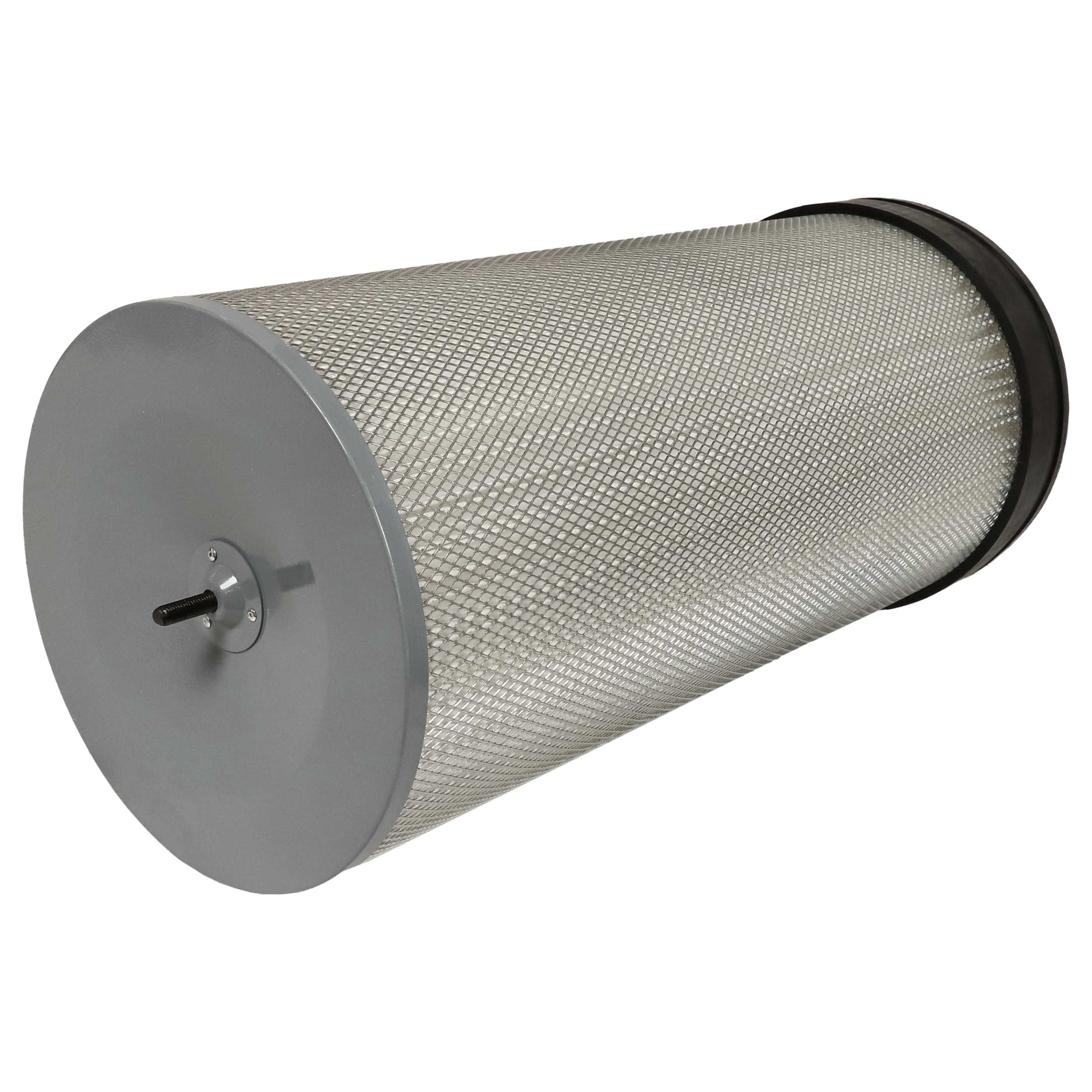 Ein Luftfilter auf weißem Grund. Zylindrisch mit Maschenmitte und grauen Endkappen.
