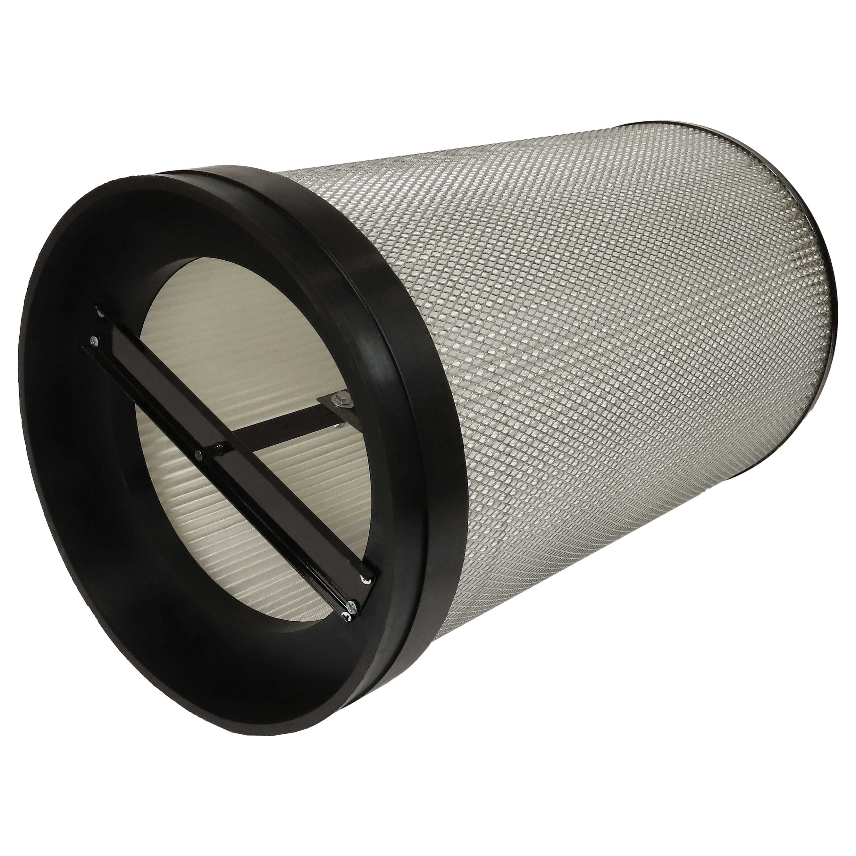 Ein Luftfilter mit einem Metallzylinder, schwarzen Felgen und einer Stützstange. Weißer Hintergrund.