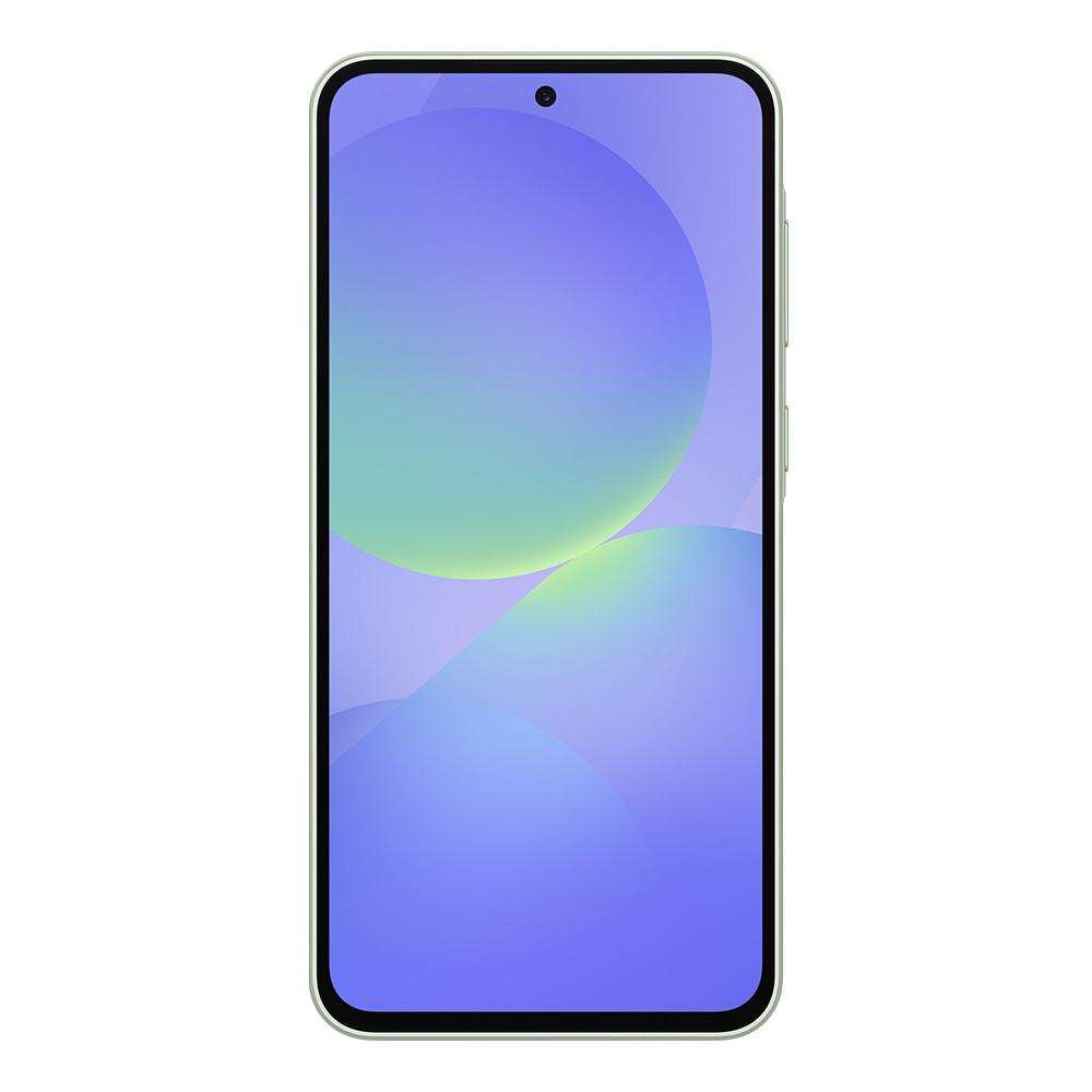 Een smartphone met een lichtgroen frame. Het scherm toont blauwe en groene cirkelvormige vormen. Er is een camera aan de bovenkant.