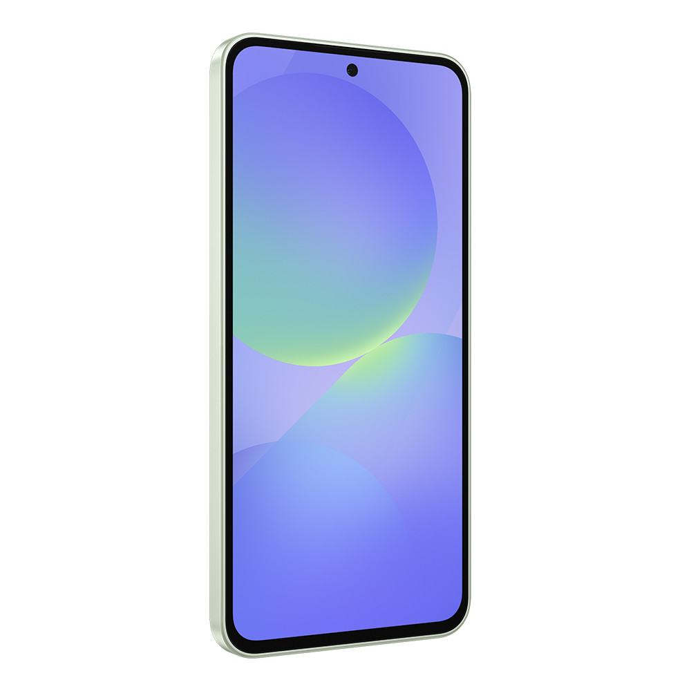Een smartphone met een lichtgroen frame. Het scherm toont een blauw-groene gradiënt. Een zwarte stip bovenaan.