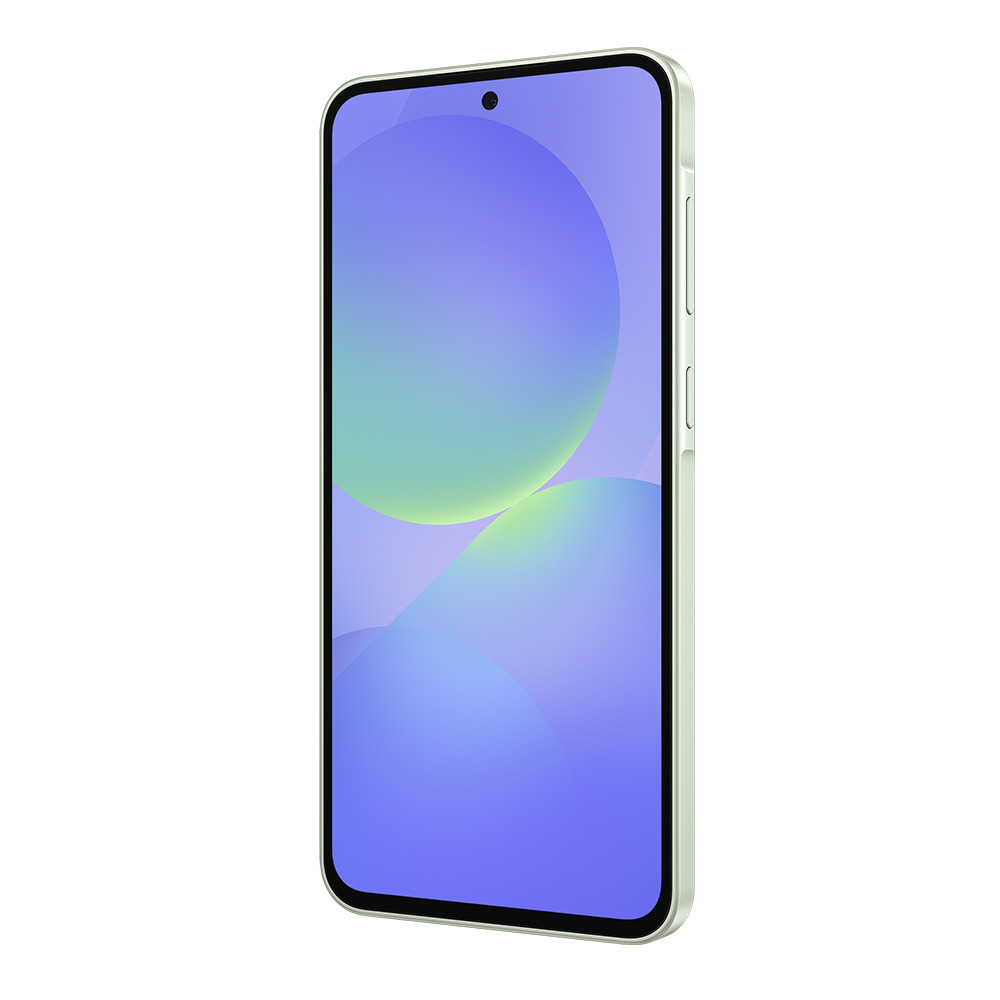 Een smartphone met een lichtgroene behuizing en een scherm met blauwe en groene abstracte vormen. De telefoon staat schuin.