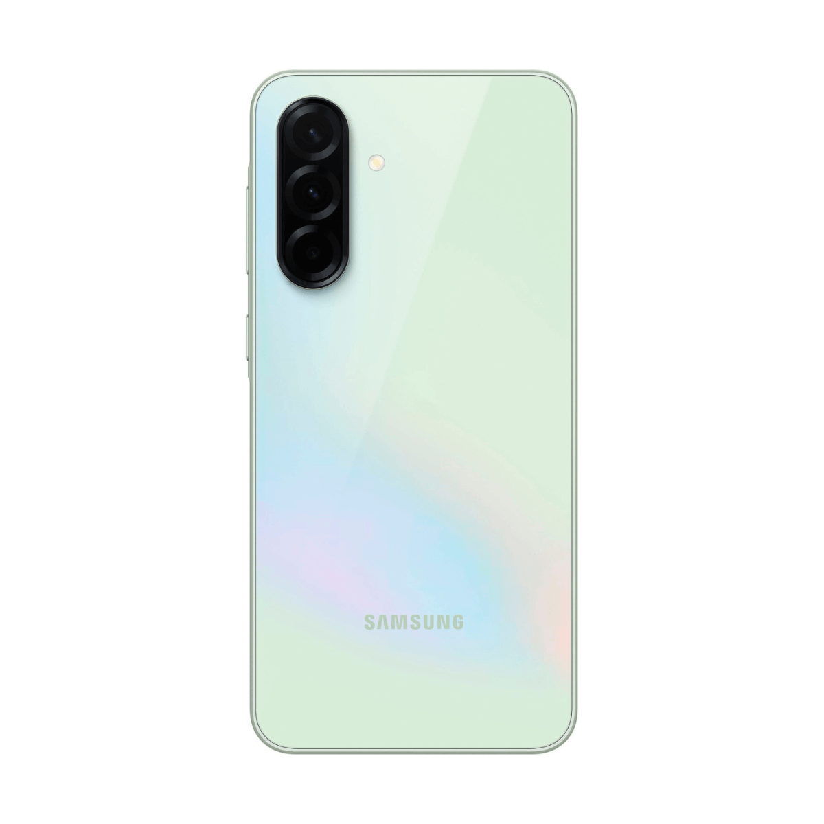 Een mintgroene Samsung telefoon. Het heeft drie cameralenzen en een flitser. De achterkant reflecteert licht met pastelkleuren.