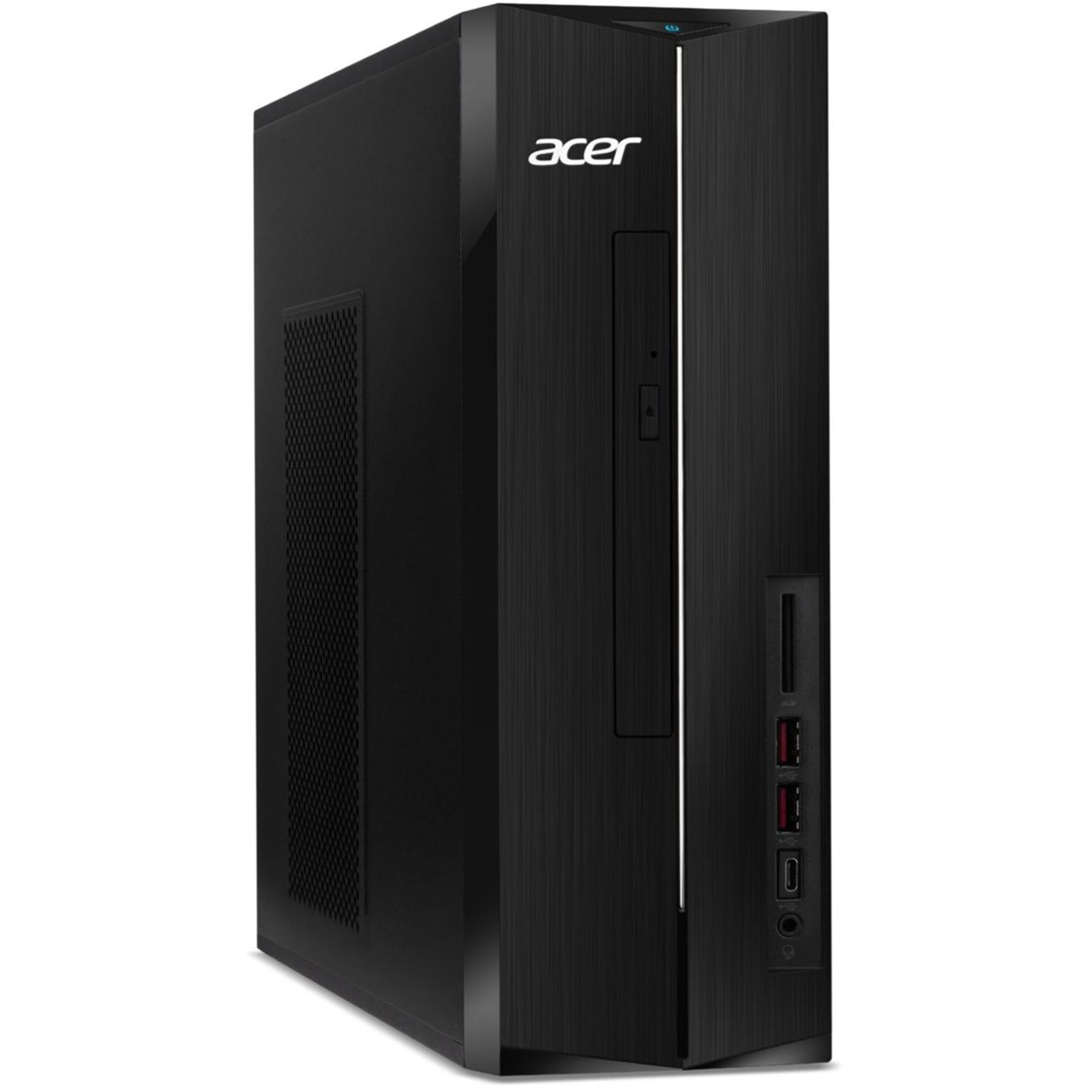 Czarny komputer stacjonarny Acer. Posiada smukłą konstrukcję z napędem DVD, portami USB i przyciskiem zasilania. Widoczne jest logo Acer.