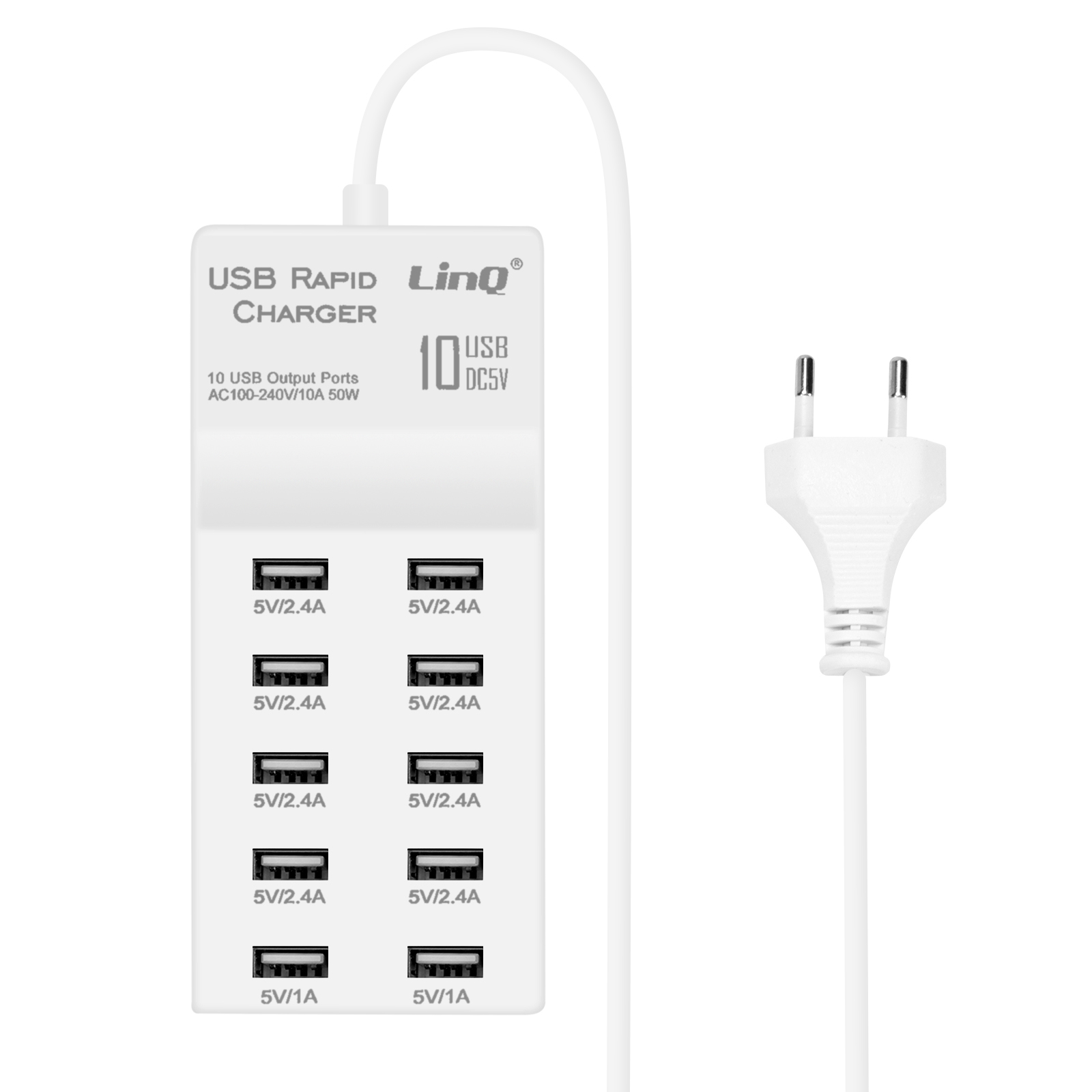 Un caricatore USB bianco con 10 porte, una spina e un cavo bianco. Testo: 'USB RAPID CHARGER'.