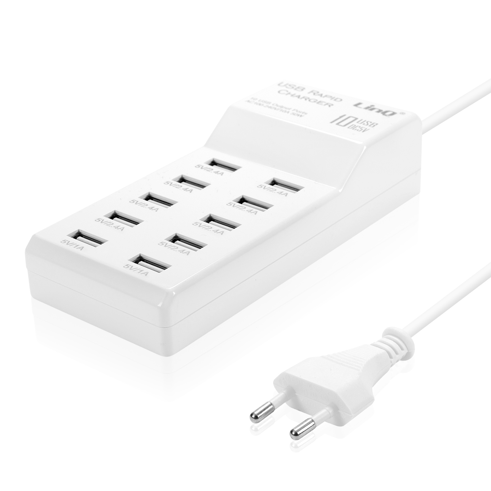 Caricatore USB bianco con 10 porte e una spina. Presenta etichette per tensione e amperaggio.