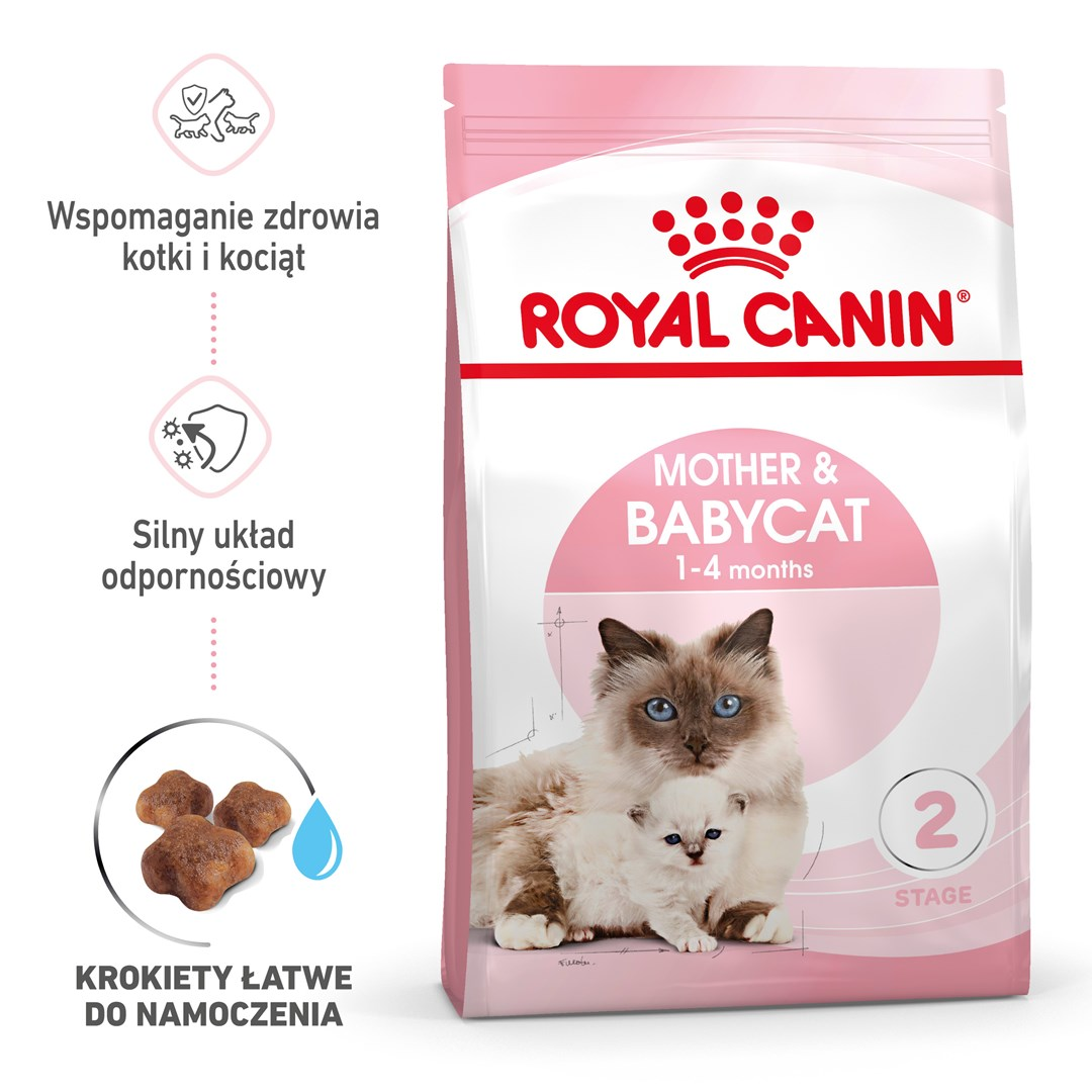Różowa torba karmy dla kotów Royal Canin. Zawiera kotkę i kocię, z napisem 'Mother & Babycat' i '1-4 months'.