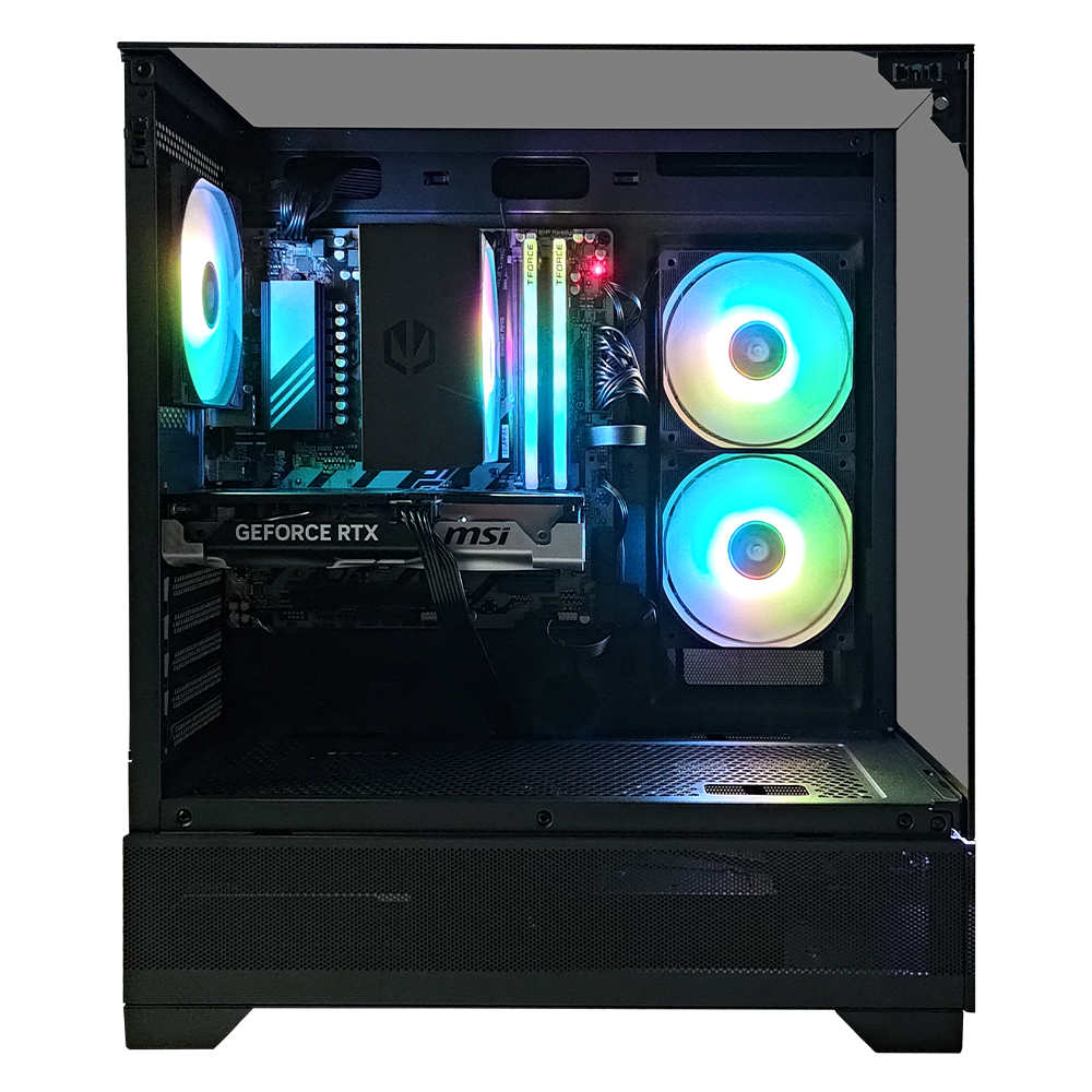 Una caja de computadora está abierta, revelando componentes internos. Se ven ventiladores con luces de colores, junto con una tarjeta gráfica y otro hardware.