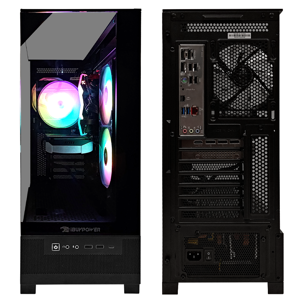 Una caja de computadora con componentes internos. Se ven ventiladores con luces de colores. La parte trasera muestra puertos y una fuente de alimentación.