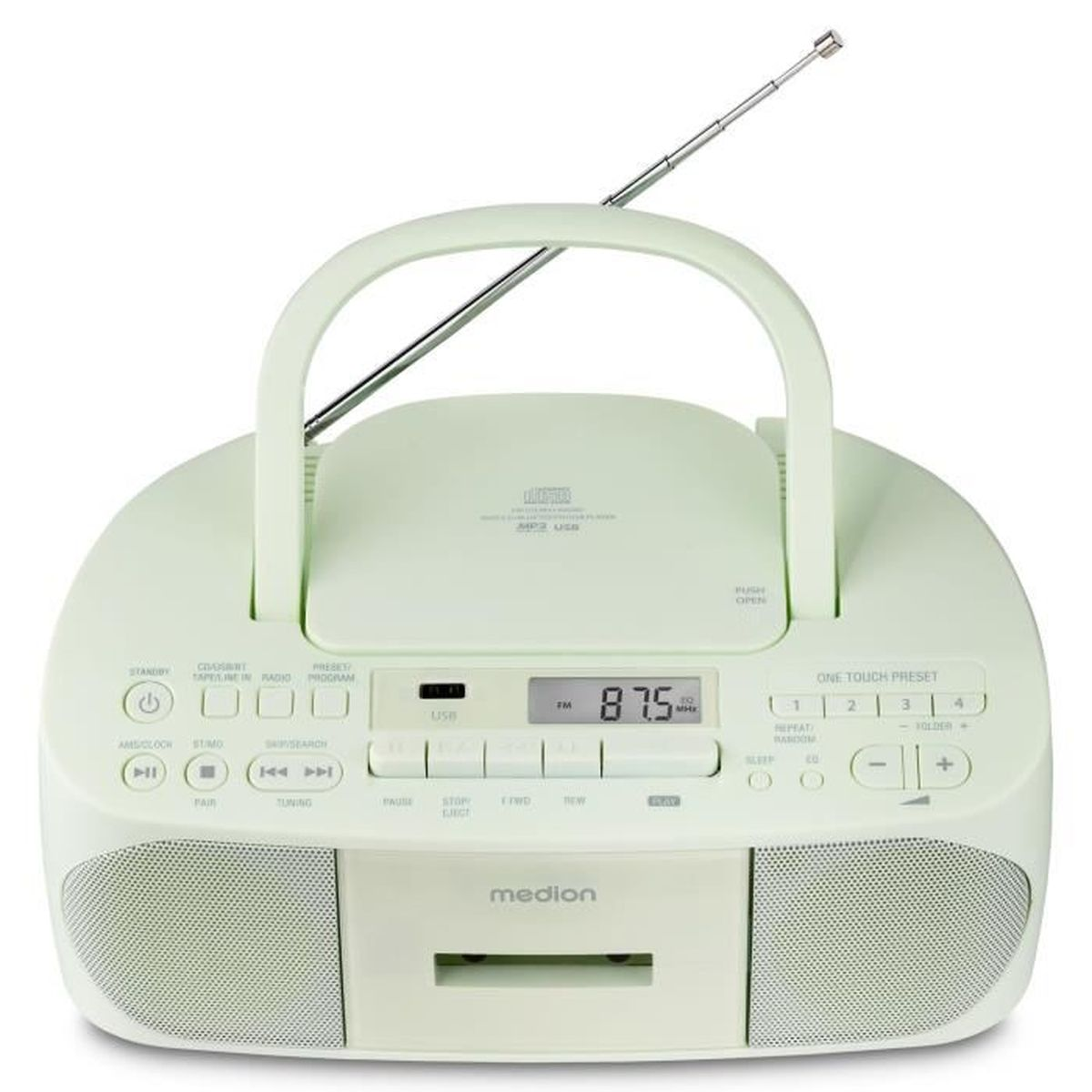 Un lettore CD portatile verde menta e bianco con maniglia e antenna. Ha pulsanti e un display e il marchio è Medion.