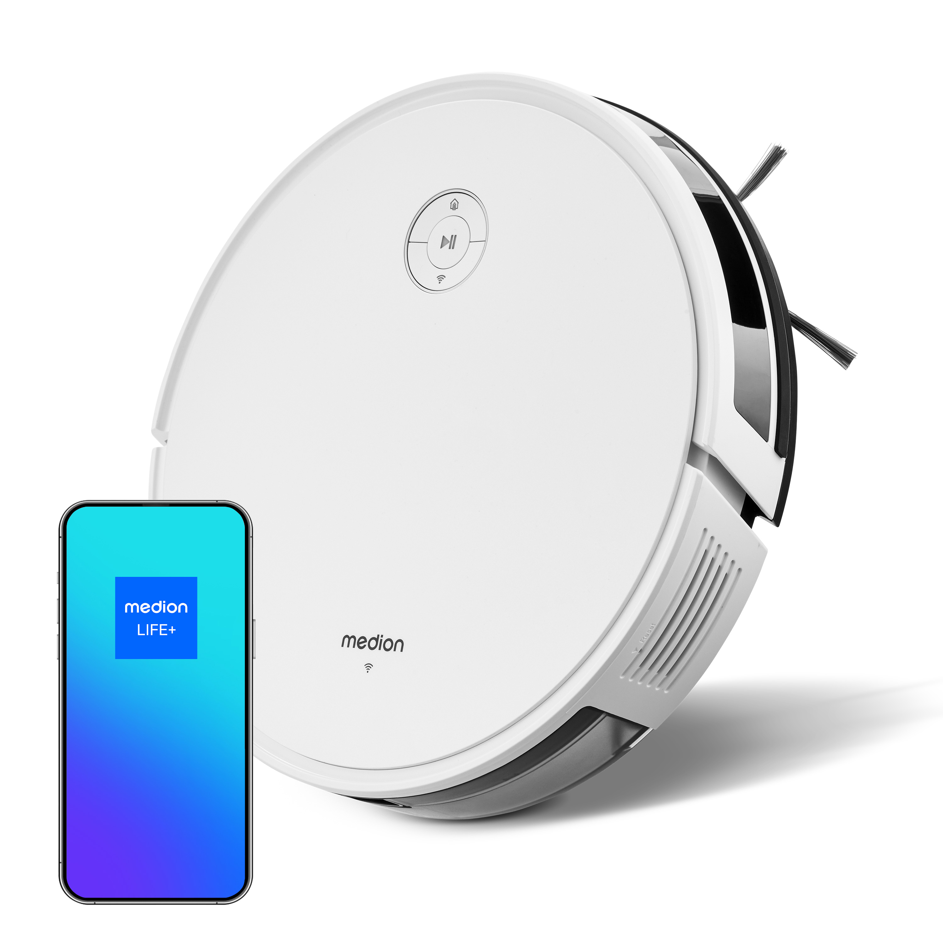 Biały odkurzacz automatyczny i smartfon z niebieskim ekranem. Telefon wyświetla logo Medion Life+.