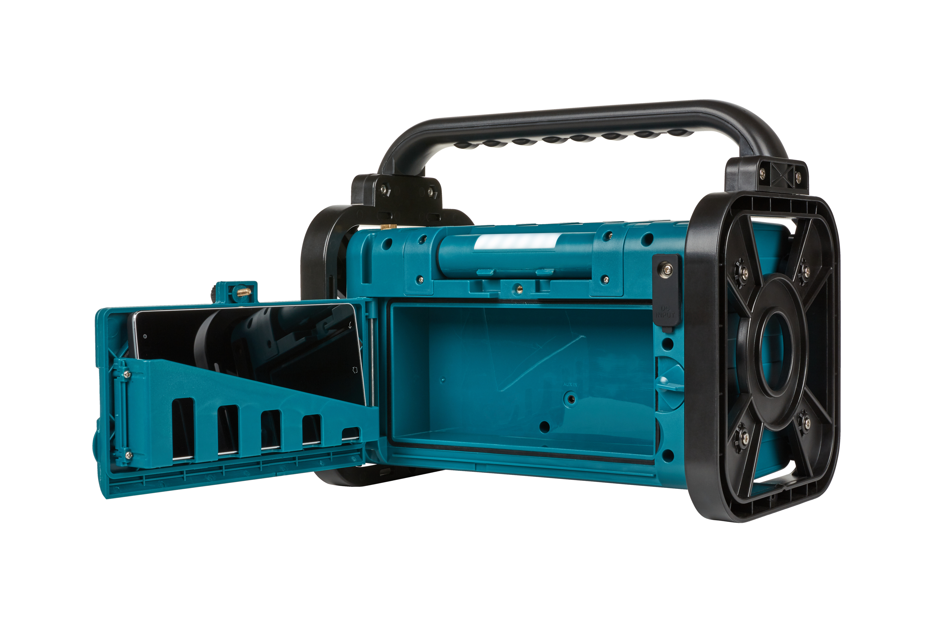 Turkusowo-czarna przenośna stacja zasilania. Przednie drzwi są otwarte, odsłaniając przegrodę i telefon.