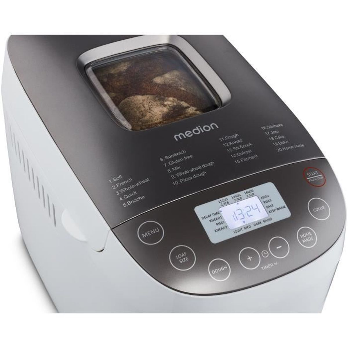 Ein weiß-grauer Medion-Brotautomat zeigt einen digitalen Timer an. Es hat Tasten für verschiedene Brotsorten und Einstellungen.