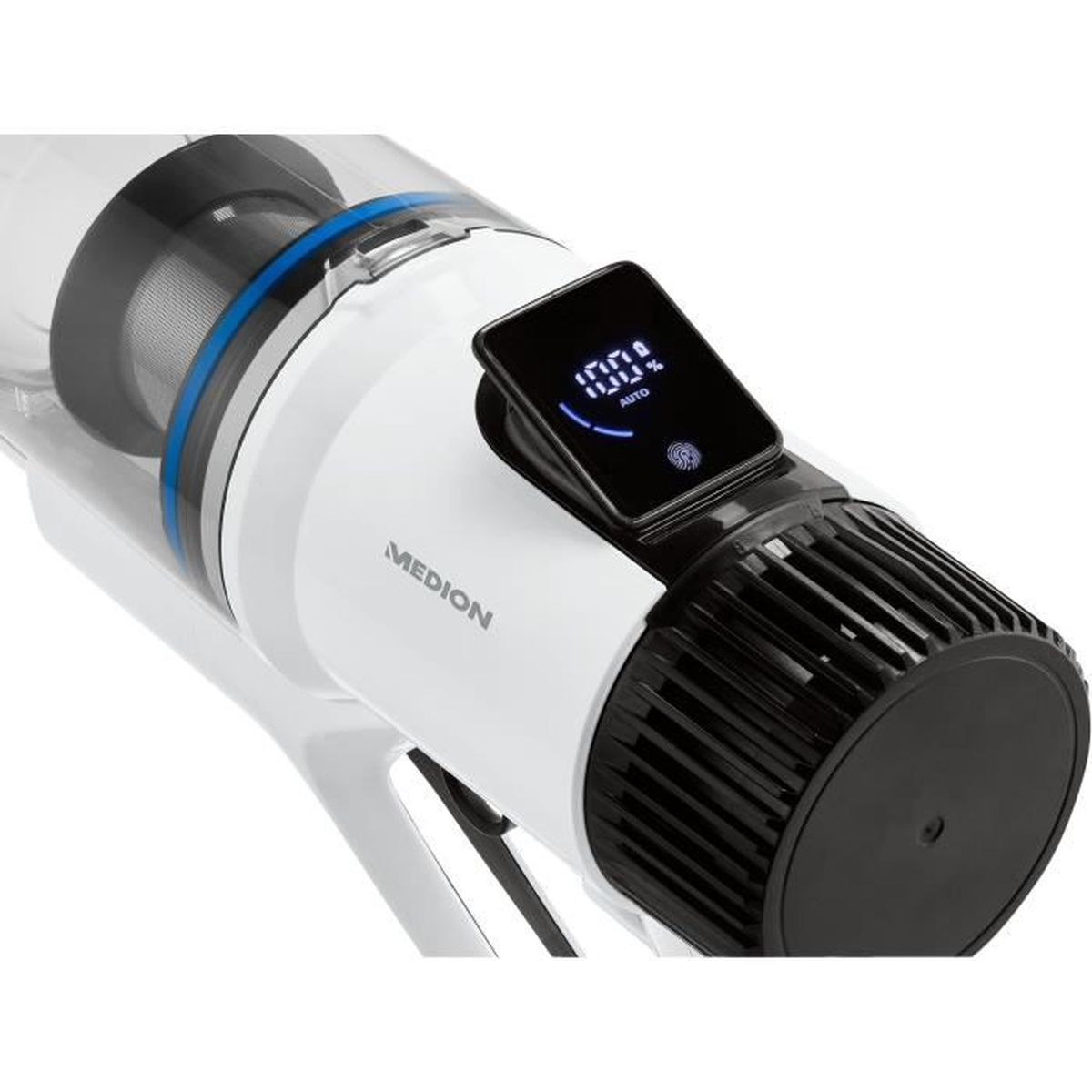 Un aspirateur sans fil Medion blanc et noir. L'écran affiche 100% et 'AUTO'. Des fentes noires et un anneau bleu sont visibles.
