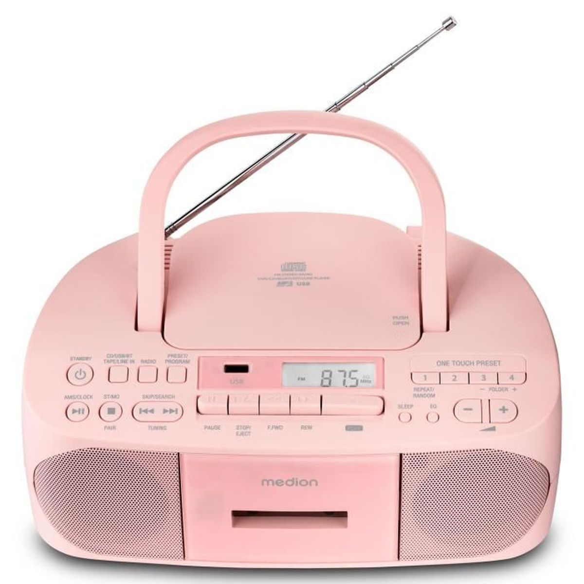 Ein rosafarbener Ghettoblaster mit Griff und Antenne. Er hat Knöpfe für Radio, CD und USB. Das Display zeigt 87,5 MHz.
