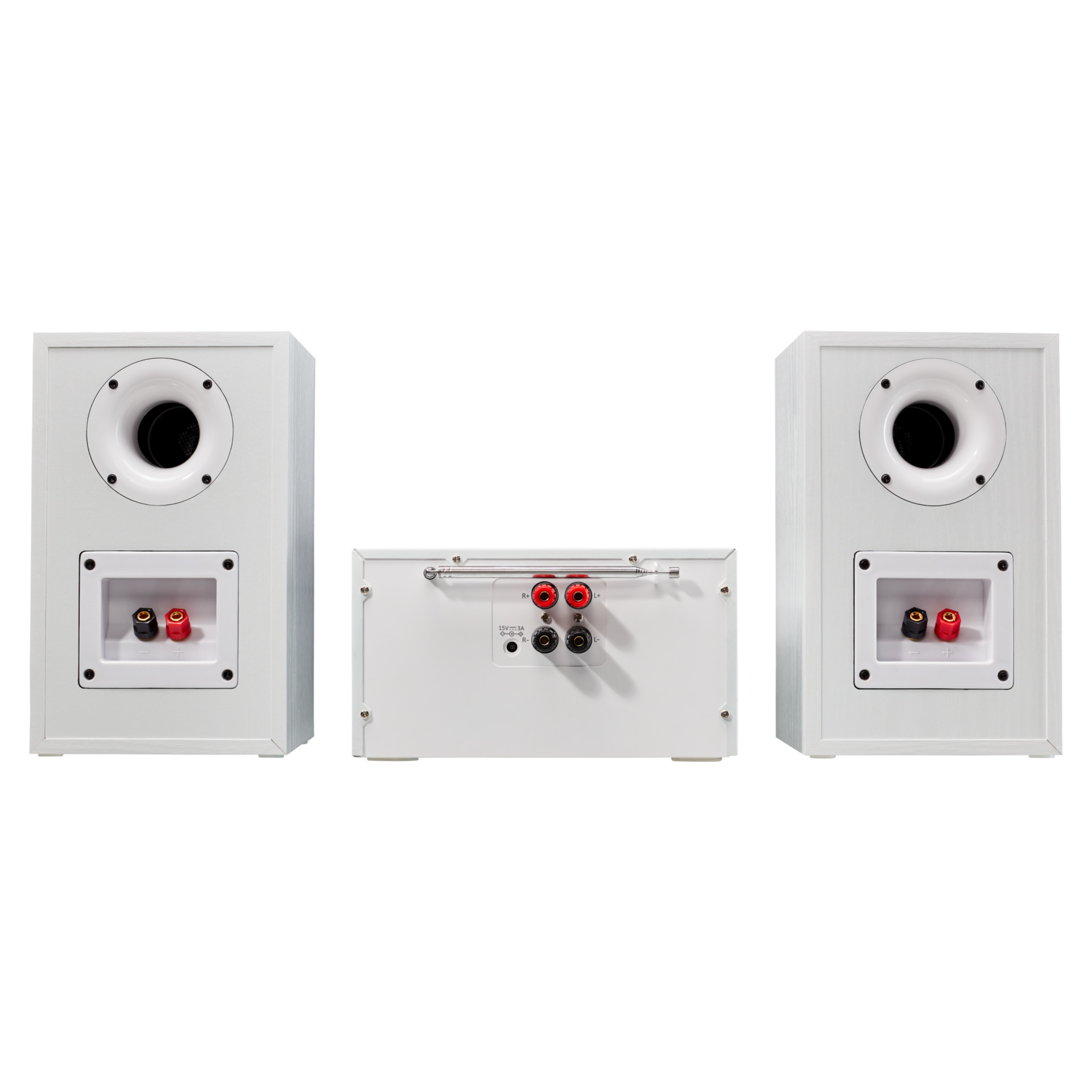 Tres altavoces blancos, dos verticales, uno central. Cada uno tiene conectores negro y rojo y una abertura oscura.