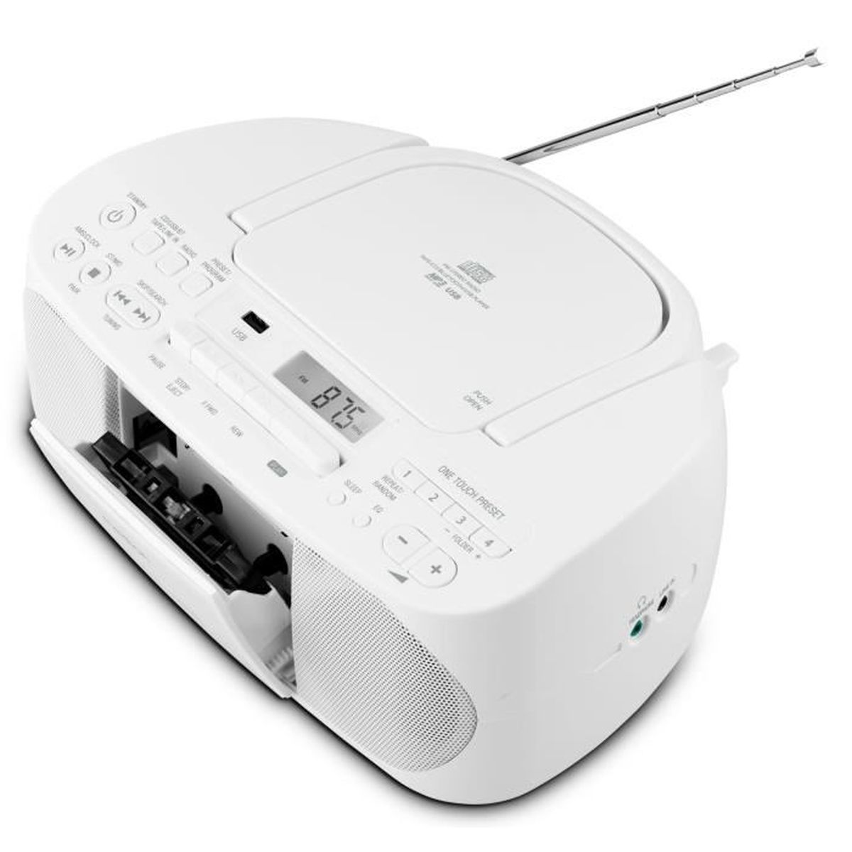 Ein weißer tragbarer CD-Player mit Kassettenspieler und Radioantenne. Das Display zeigt 87,5 an. Tasten für verschiedene Funktionen sind sichtbar.
