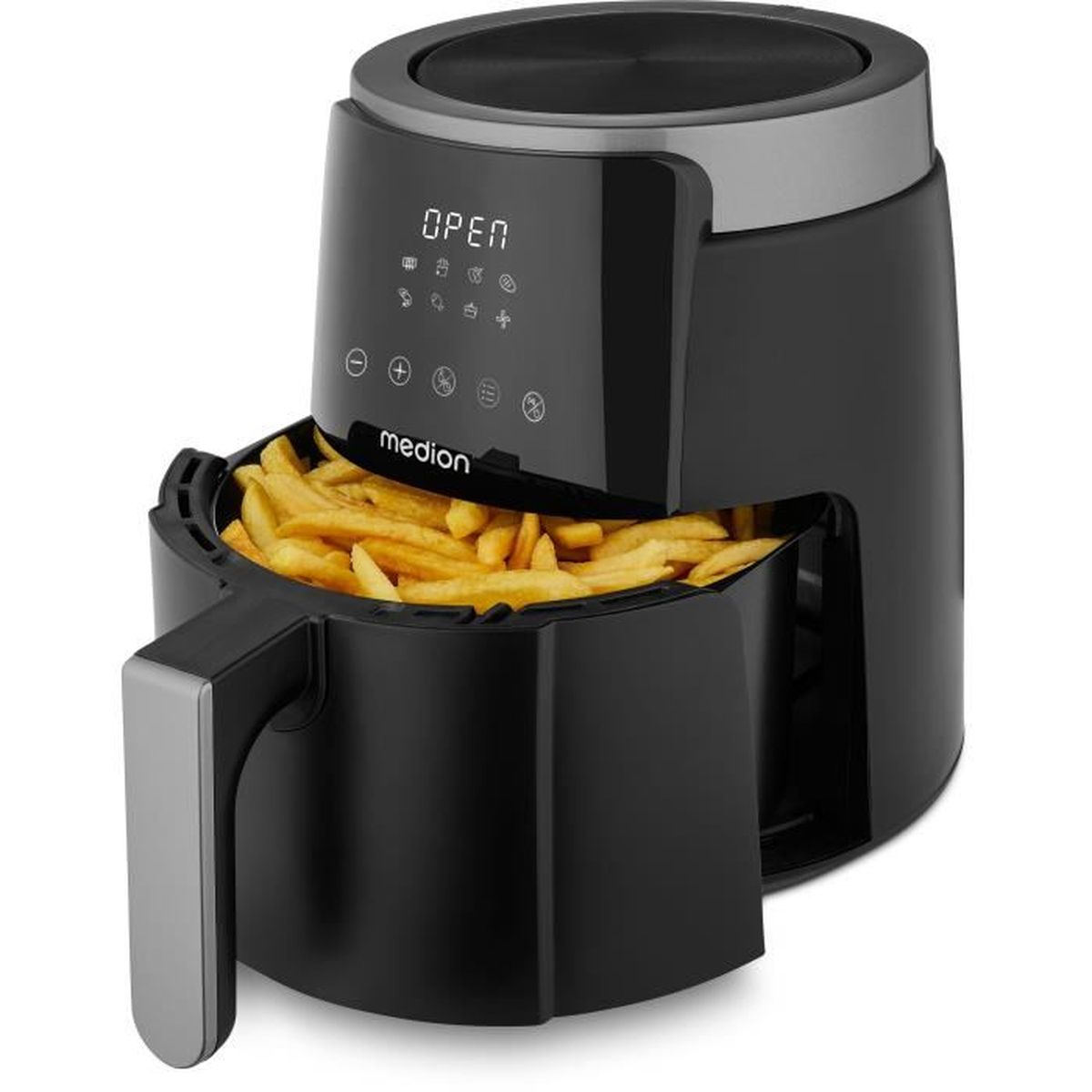 Een zwarte airfryer met frietjes erin. Het heeft een digitaal display en een handvat. Het merk is Medion.