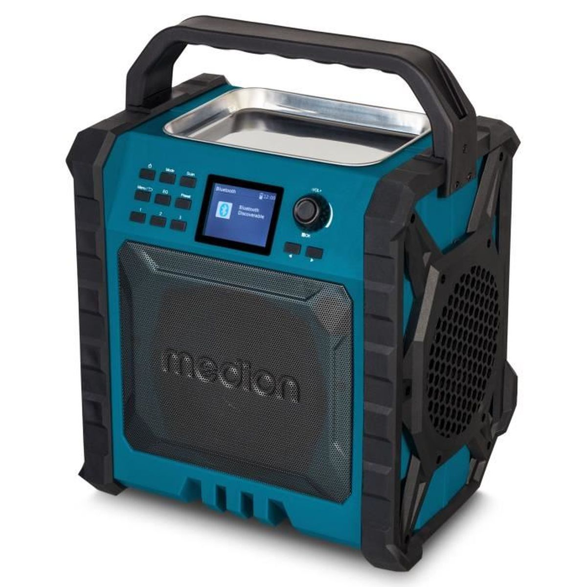 Une enceinte Medion turquoise et noire avec une poignée. Comprend des boutons, un écran et une grille de haut-parleur. Le dessus a un plateau métallique.