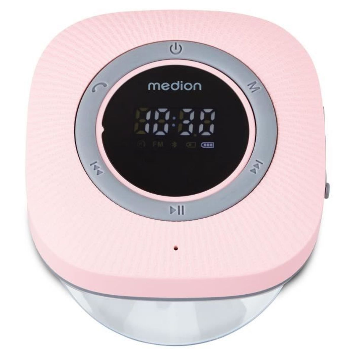 A pink Medion CD player with a digital display showing 00:30. It has buttons and a transparent base.