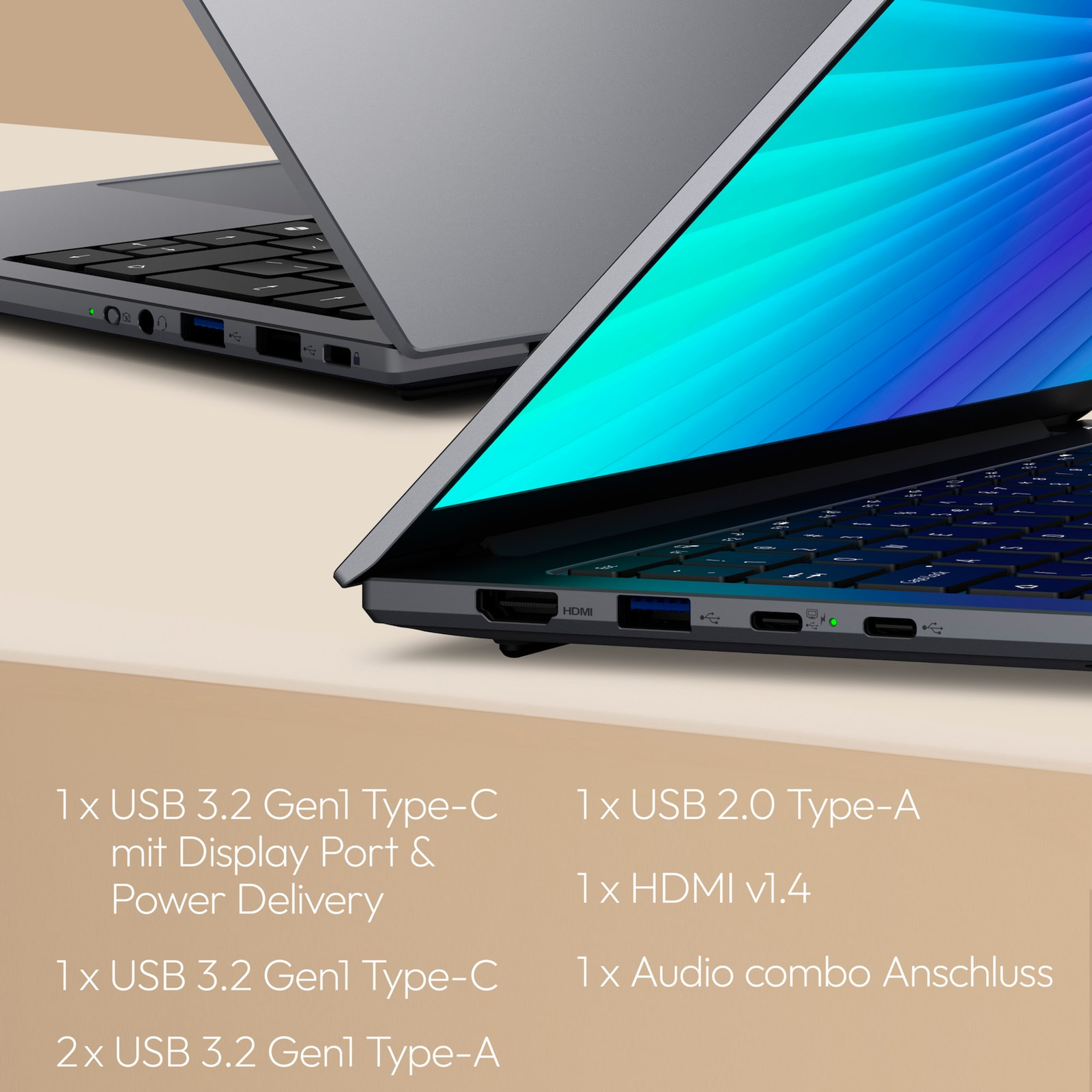 Deux ordinateurs portables gris avec des écrans ouverts affichant un dégradé bleu. Les ports incluent HDMI, USB et audio. Le texte met en évidence les spécifications.