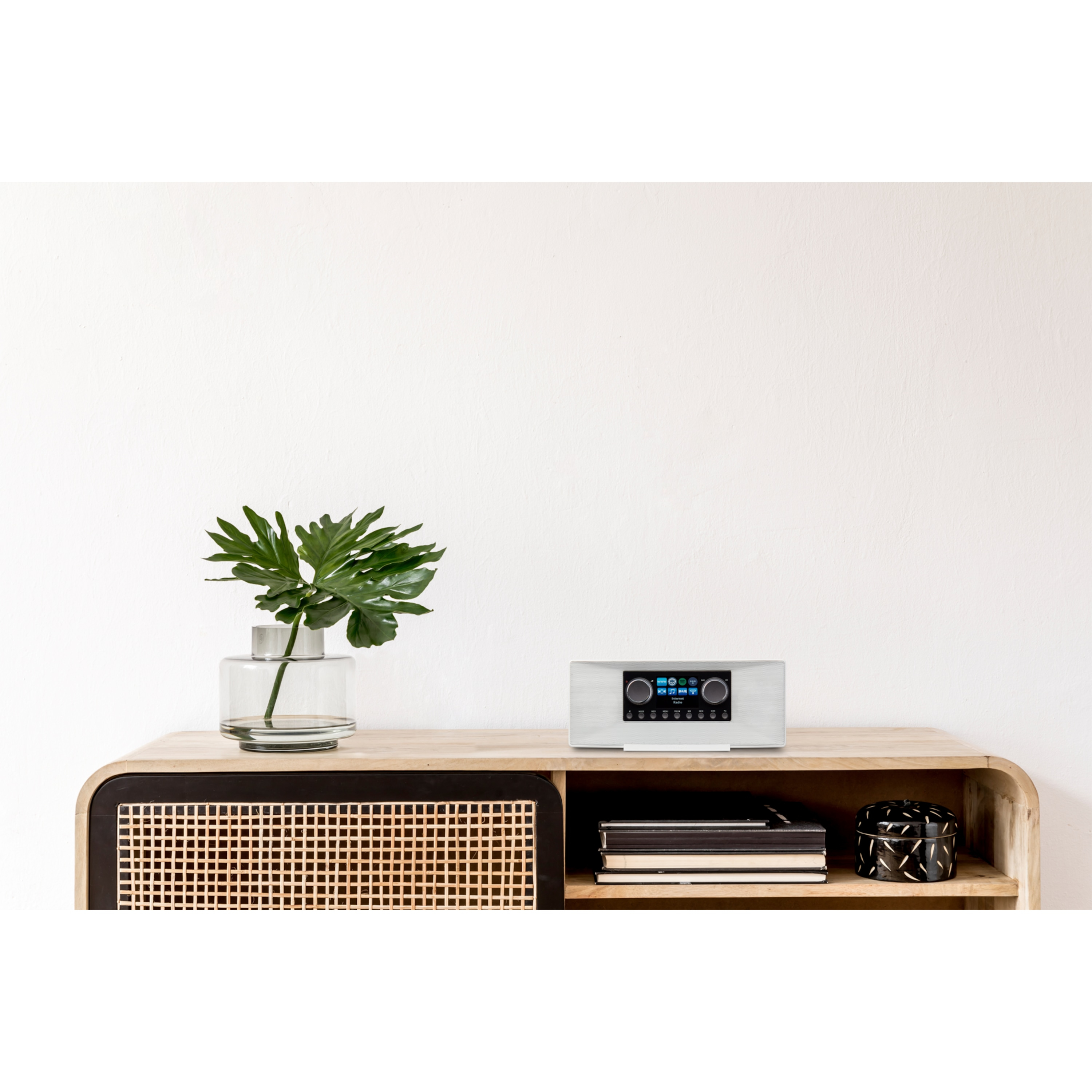 Nowoczesna konsola multimedialna z rośliną, srebrnym urządzeniem audio, książkami i ozdobnym pudełkiem.