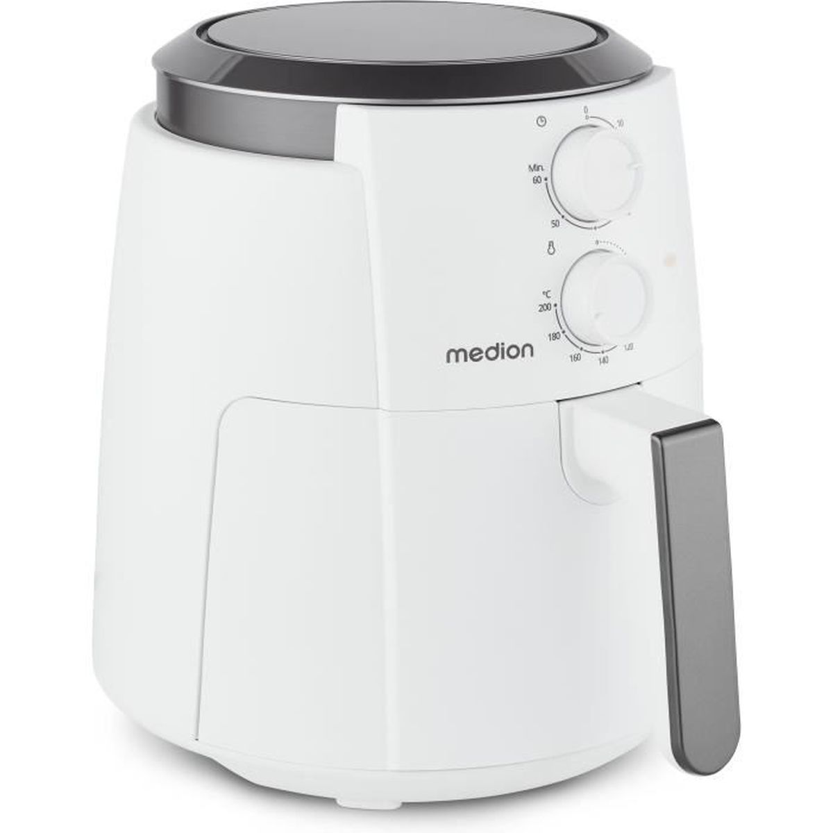 Witte airfryer met grijze accenten. Het heeft twee draaiknoppen en een handvat. De merknaam 'medion' staat erop.