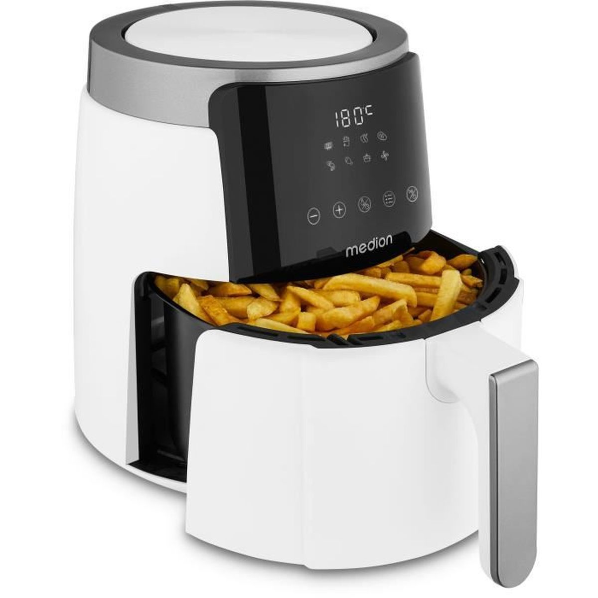 Witte airfryer met friet. Zwart bedieningspaneel toont '180°C'. Mand vol goudgele friet, zilveren handvat.