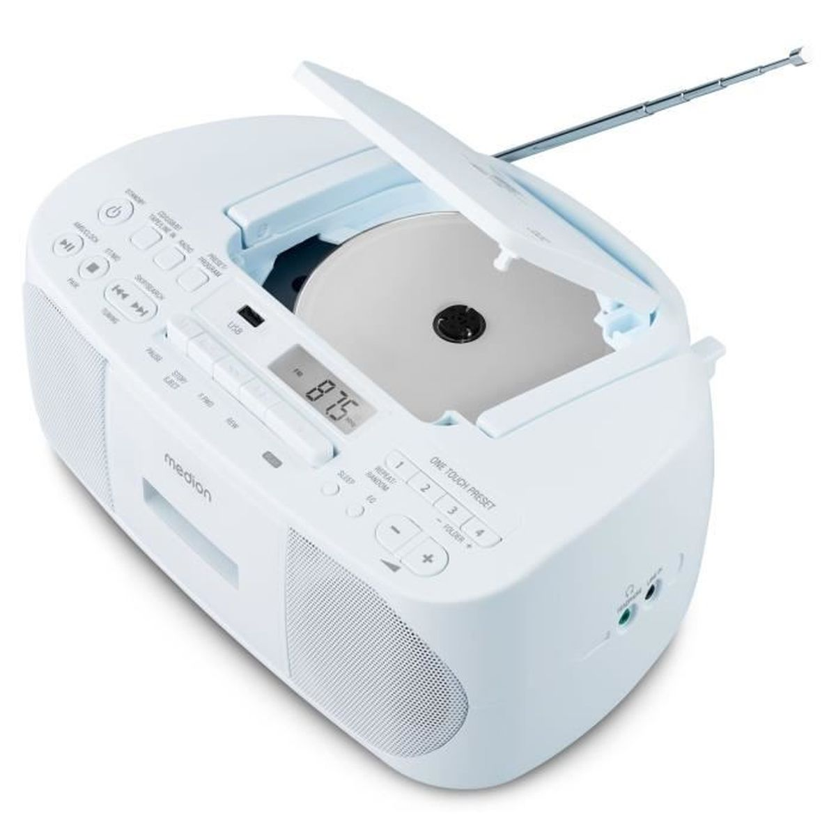Un lettore CD portatile bianco con coperchio aperto, che mostra un CD all'interno. Ha pulsanti, display digitale e antenna.