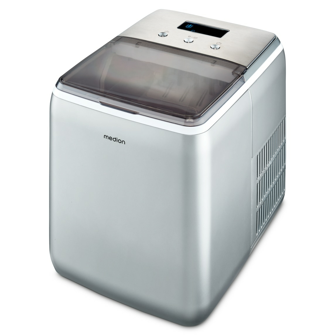 Srebrna kostkarka do lodu Medion. Ma przezroczystą pokrywę i panel sterowania na górze. Bok ma szczeliny wentylacyjne.