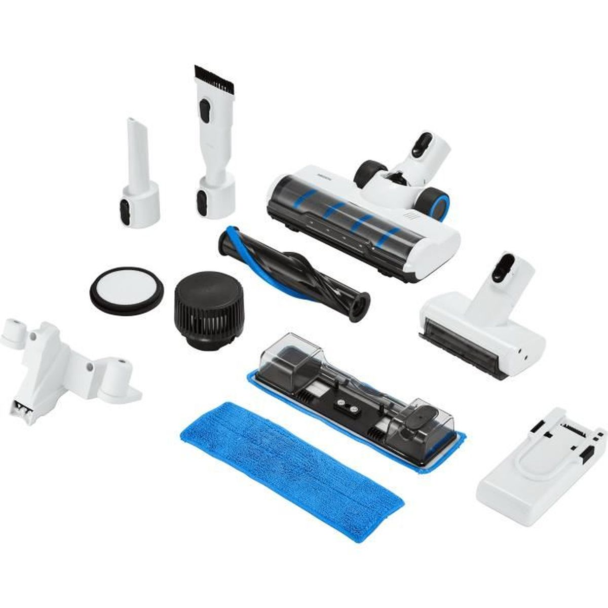 Various vacuum cleaner attachments are laid out on a white surface. The parts are white, black and blue.