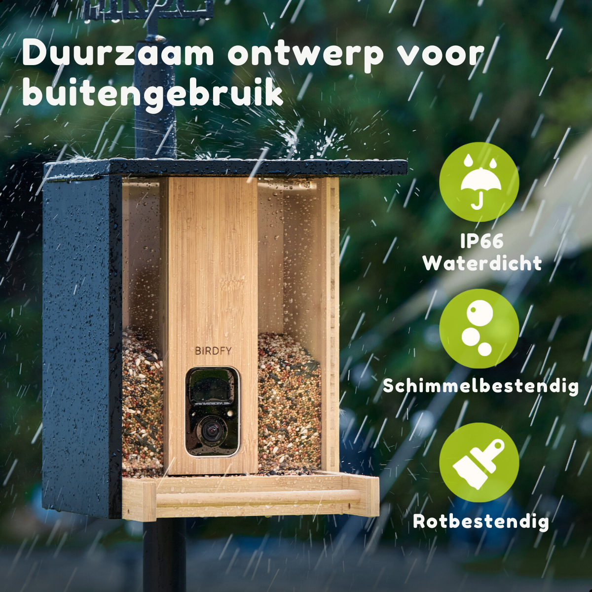 Un comedero para pájaros con cámara, etiquetado como 'BIRDY', se muestra bajo la lluvia. Las características incluyen impermeable, resistente al moho y a la podredumbre.