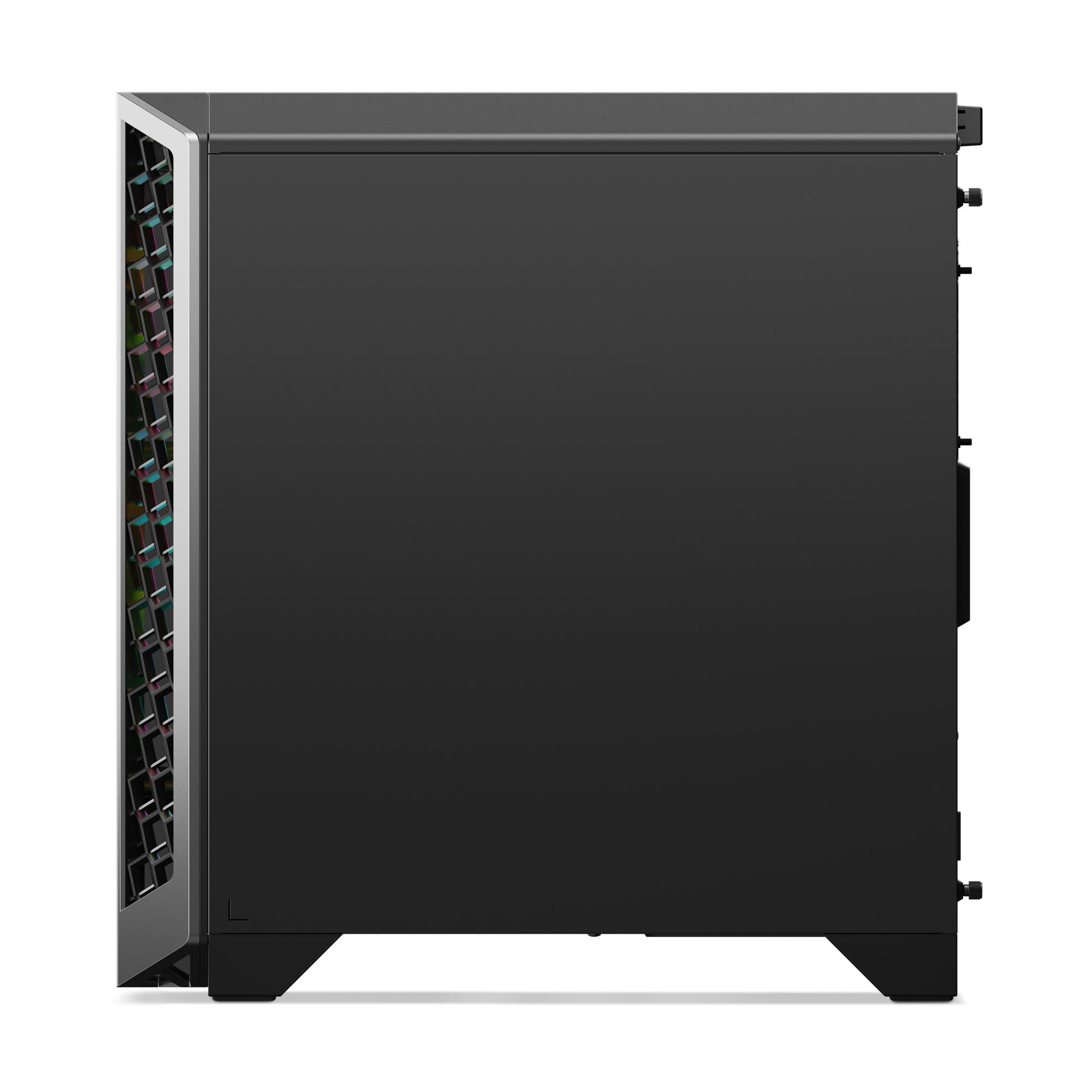 Schwarzes Computergehäuse. Die Seitenwand ist schwarz. Die Frontplatte hat ein Gitterdesign mit mehreren Farben.
