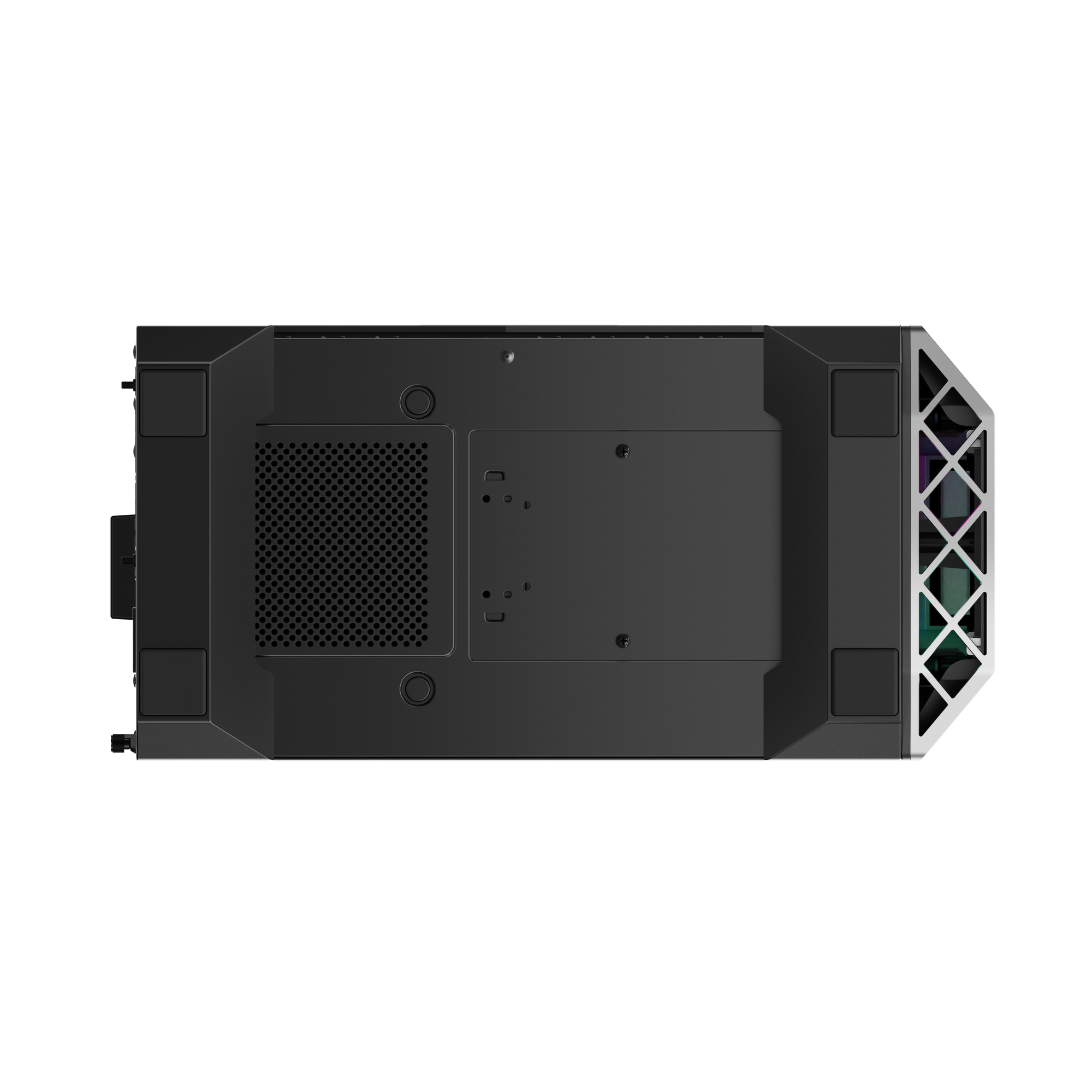 Draufsicht auf ein schwarzes Computergehäuse. Es hat ein Mesh-Panel, Metallakzente und verschiedene Anschlüsse.