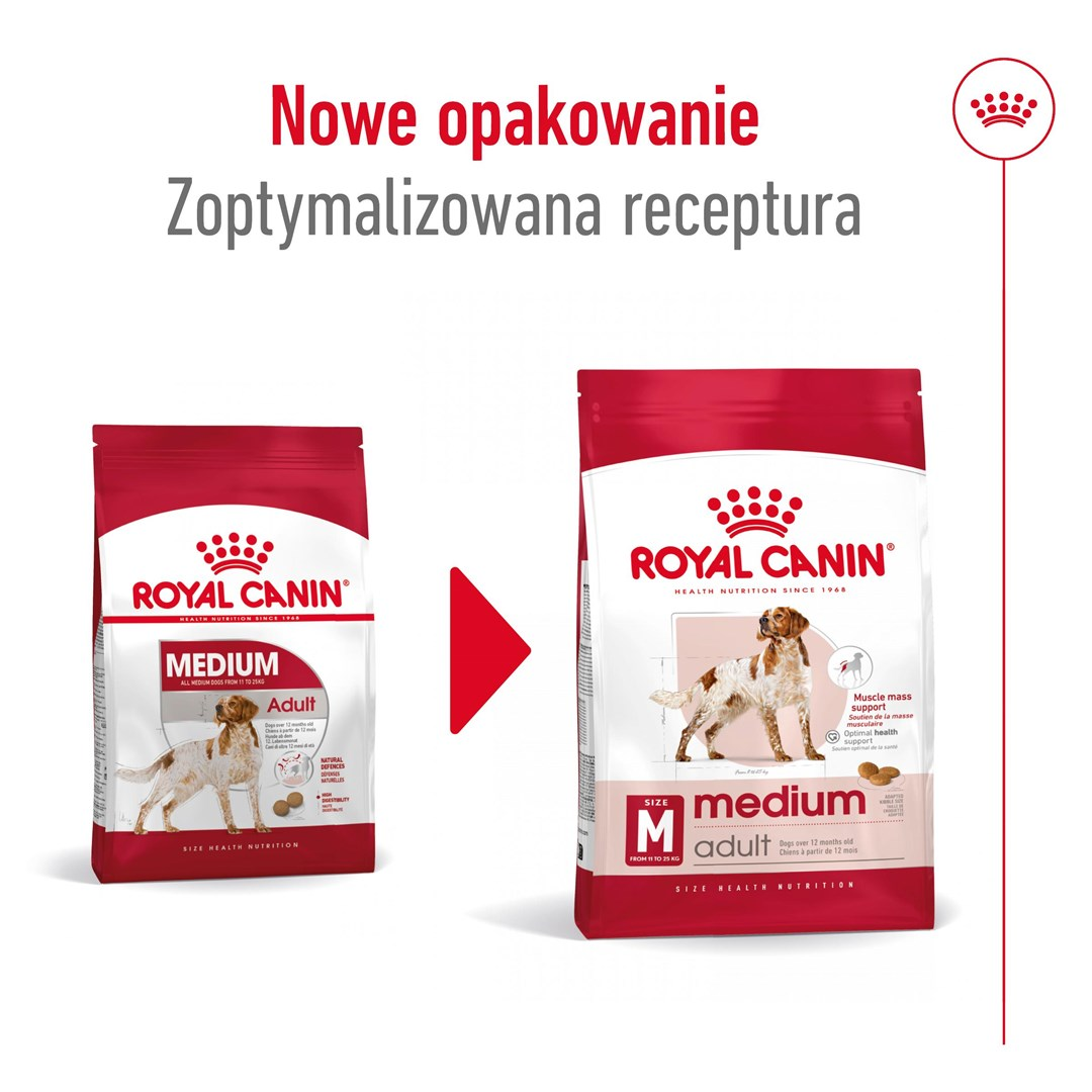 Dwie torby z karmą dla psów, mniejsza po lewej i większa po prawej. Obie zawierają wizerunek psa i markę Royal Canin.