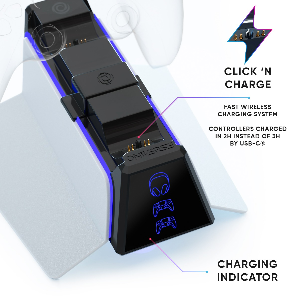 Una estación de carga negra con luces azules e iconos de control. Los textos dicen 'Click 'n Charge' e 'Indicador de carga'.